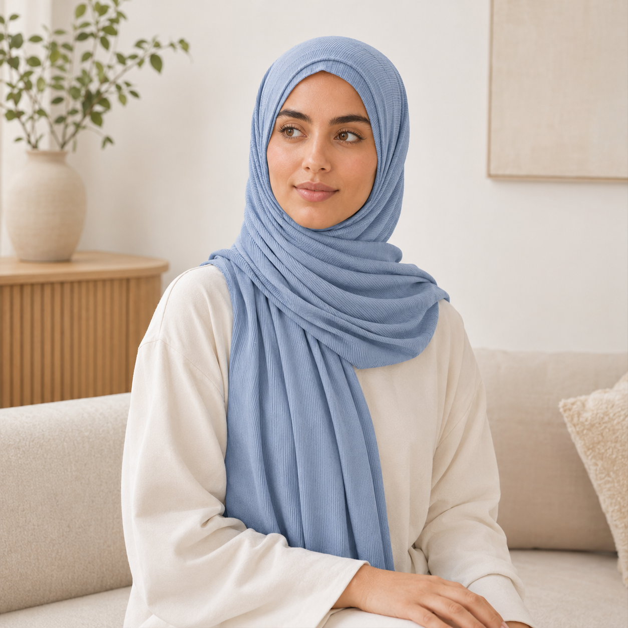 RY226 Powder Blue Cotton Ribbed Jersey Hijab Scarf – Soft Stretch Breathable Headscarf