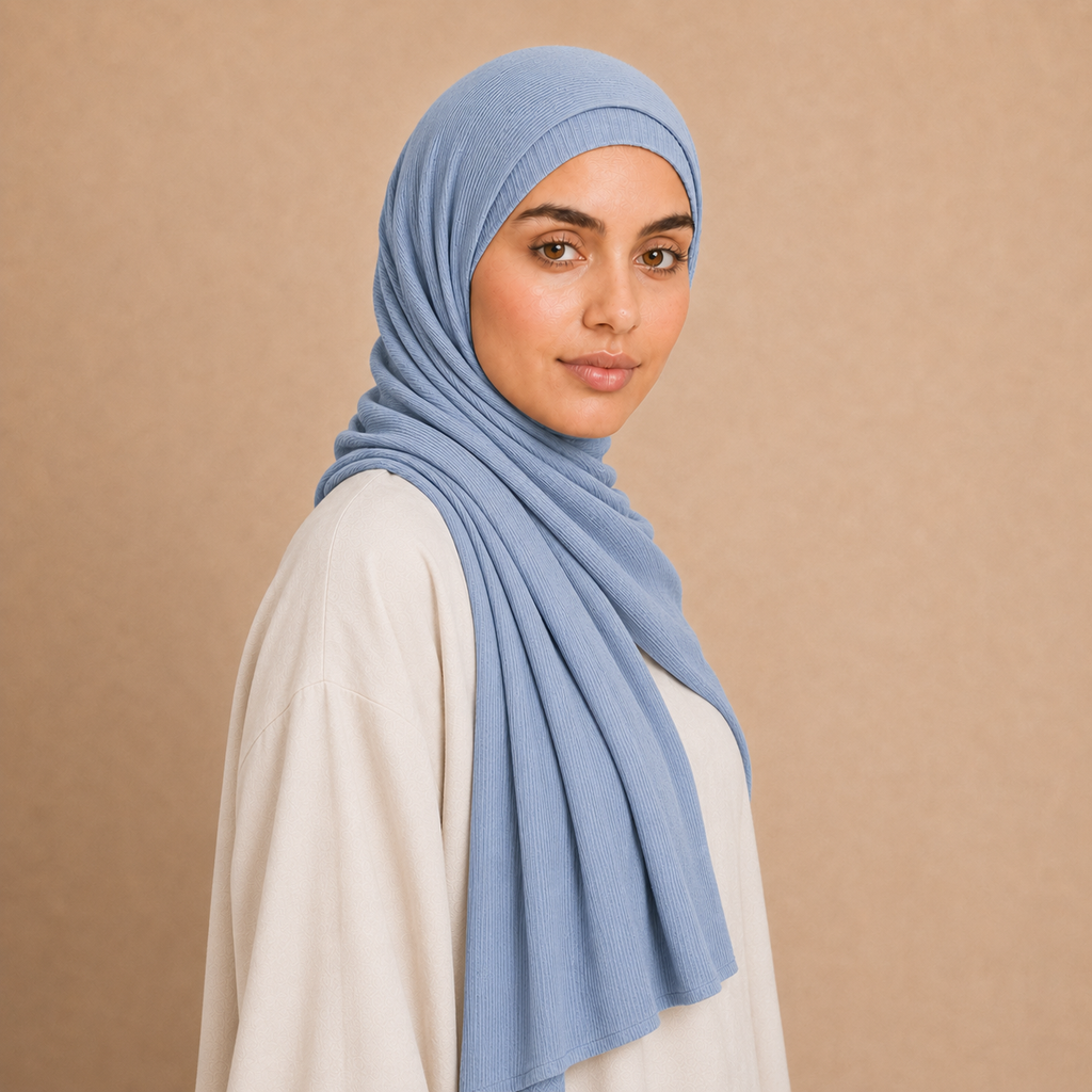 RY226 Powder Blue Cotton Ribbed Jersey Hijab Scarf – Soft Stretch Breathable Headscarf