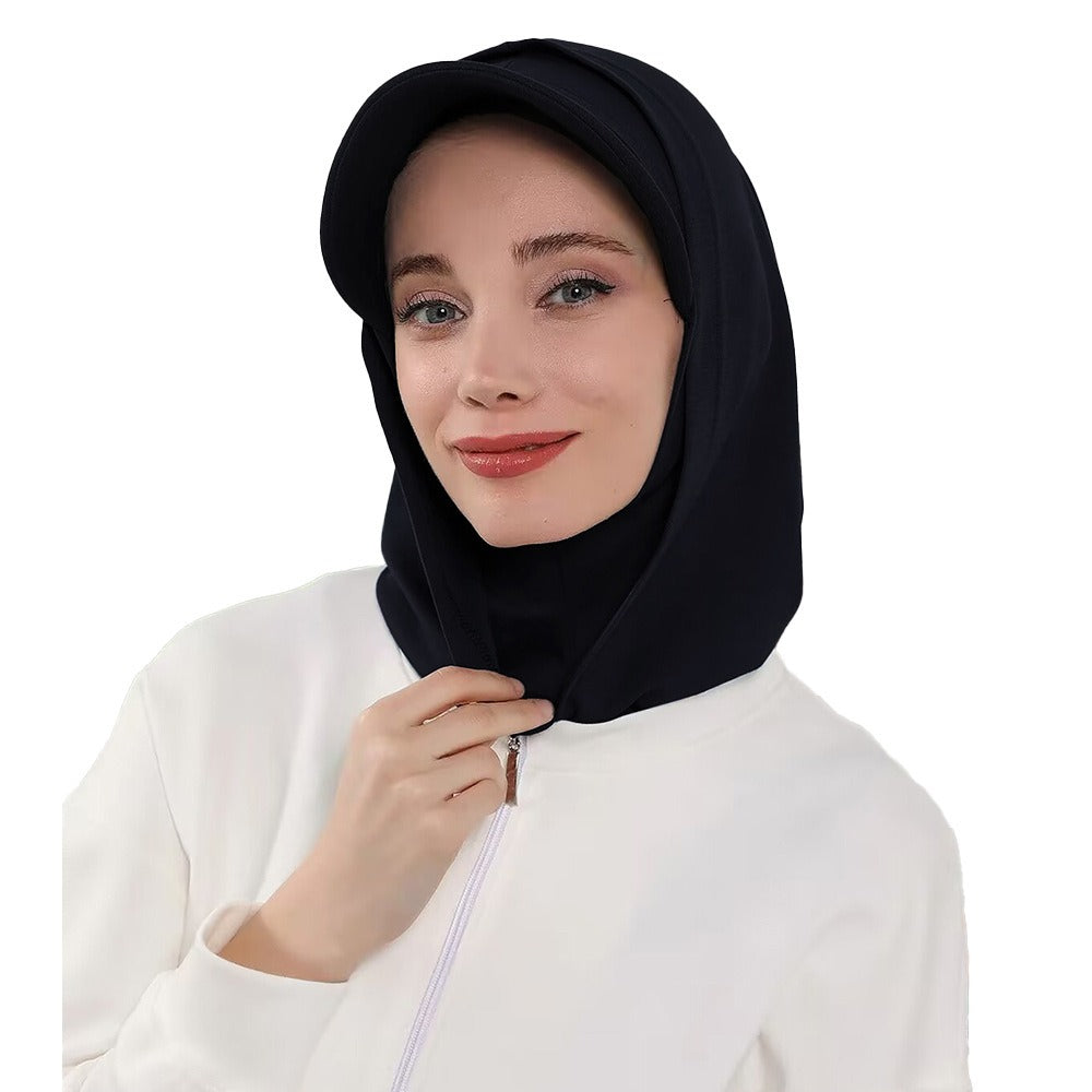 RY207 Black Full Coverage Hijab Cap with Visor – Modest Neck Cover Headscarf for Muslim Women