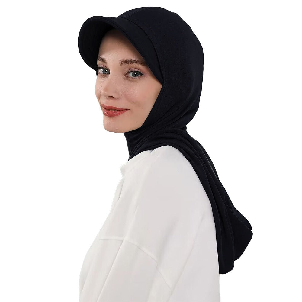 RY207 Black Full Coverage Hijab Cap with Visor – Modest Neck Cover Headscarf for Muslim Women