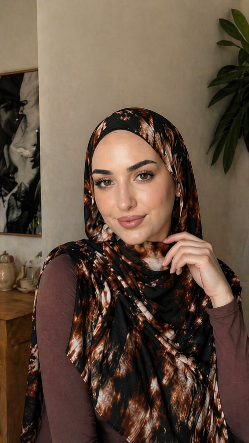 RY04 Watercolor Tie-Dye Hijab Shawl – Black & Brown Ombre Women's Head Scarf (80×180cm)