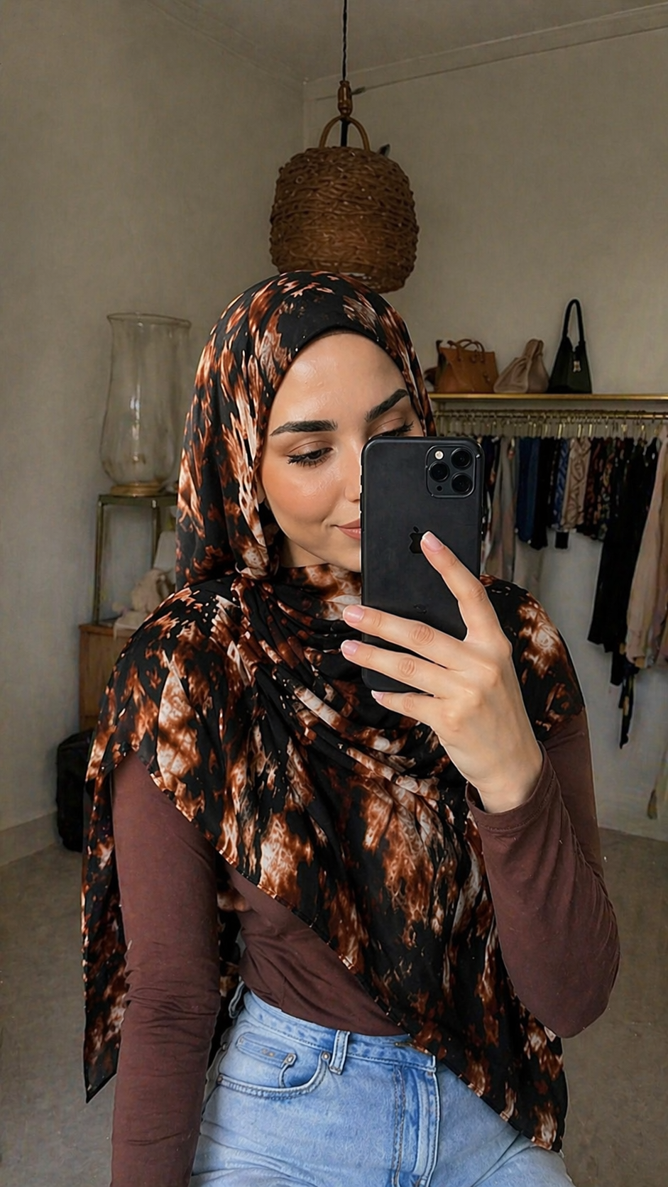 RY04 Watercolor Tie-Dye Hijab Shawl – Black & Brown Ombre Women's Head Scarf (80×180cm)