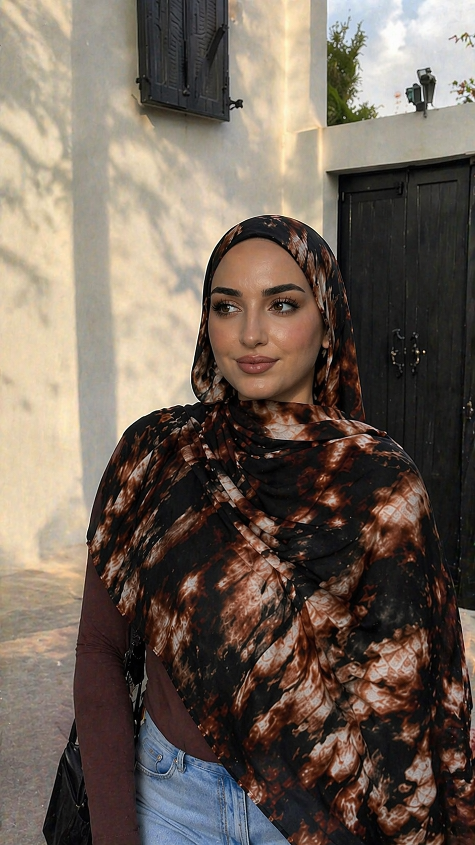 RY04 Watercolor Tie-Dye Hijab Shawl – Black & Brown Ombre Women's Head Scarf (80×180cm)