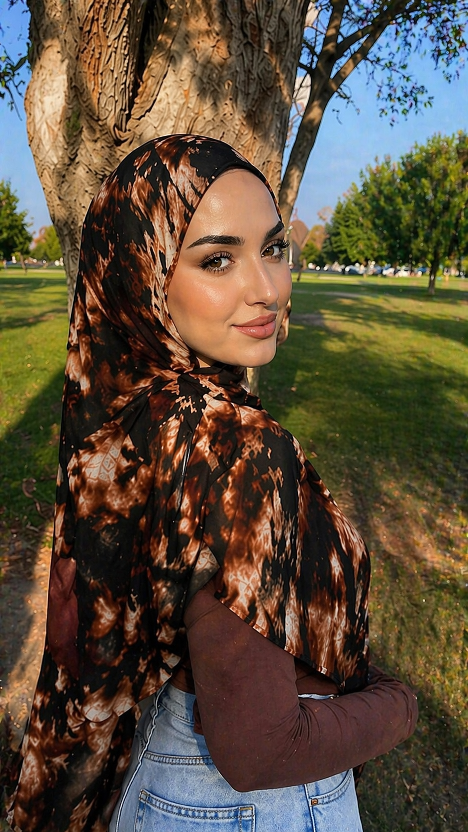 RY04 Watercolor Tie-Dye Hijab Shawl – Black & Brown Ombre Women's Head Scarf (80×180cm)