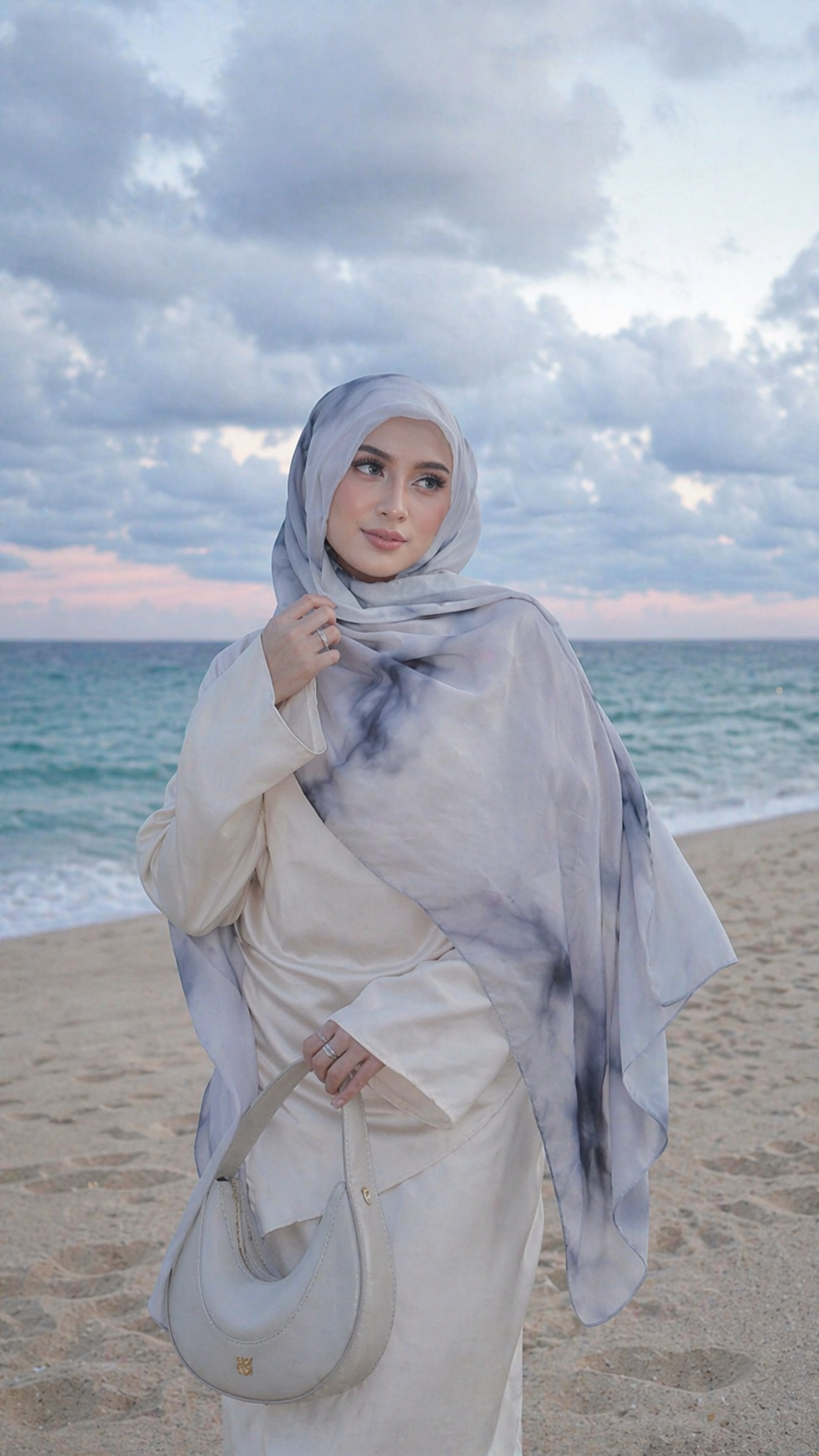 RY05 Watercolor Ink Wash Hijab Shawl – Misty Grey Blue Women's Head Scarf (80×180cm)