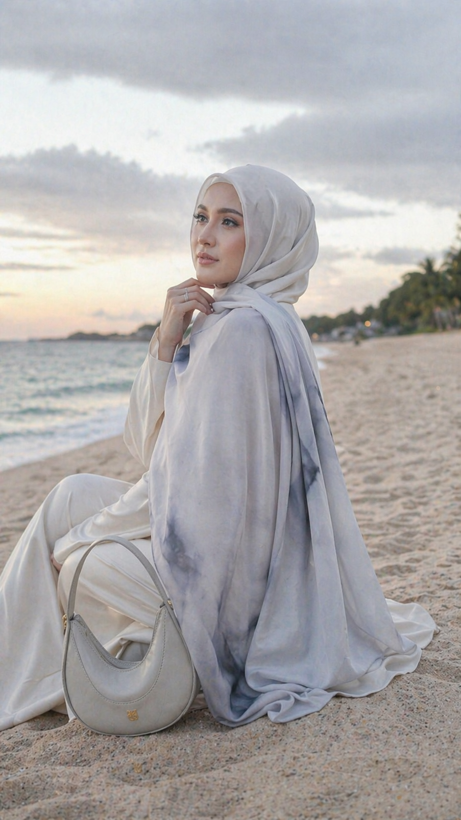 RY05 Watercolor Ink Wash Hijab Shawl – Misty Grey Blue Women's Head Scarf (80×180cm)
