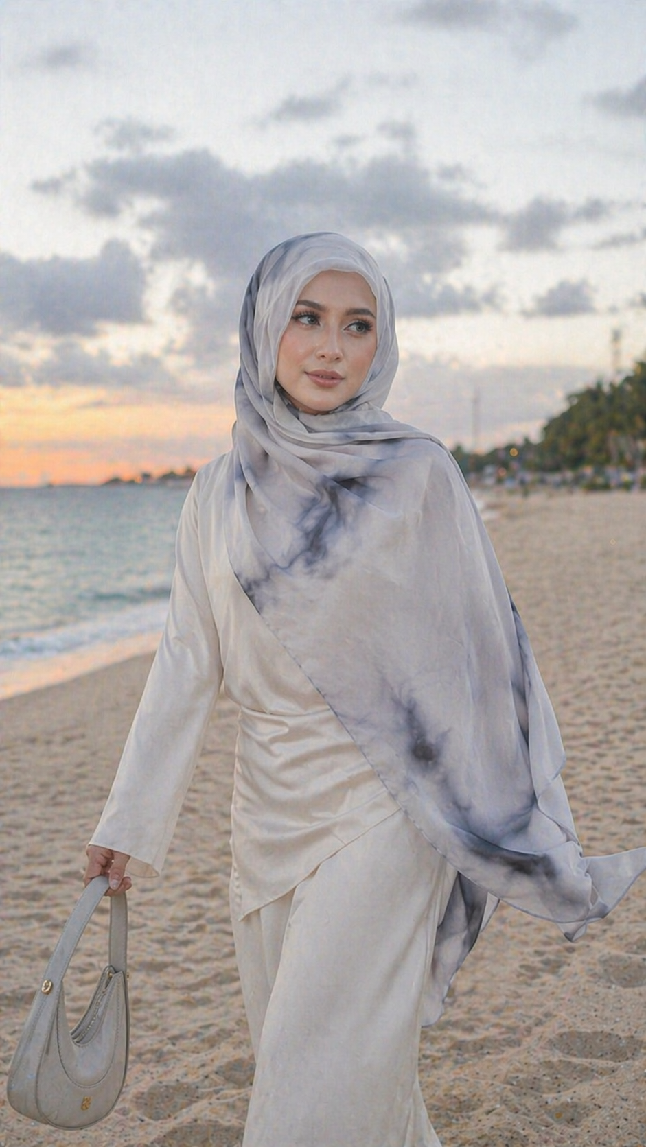 RY05 Watercolor Ink Wash Hijab Shawl – Misty Grey Blue Women's Head Scarf (80×180cm)