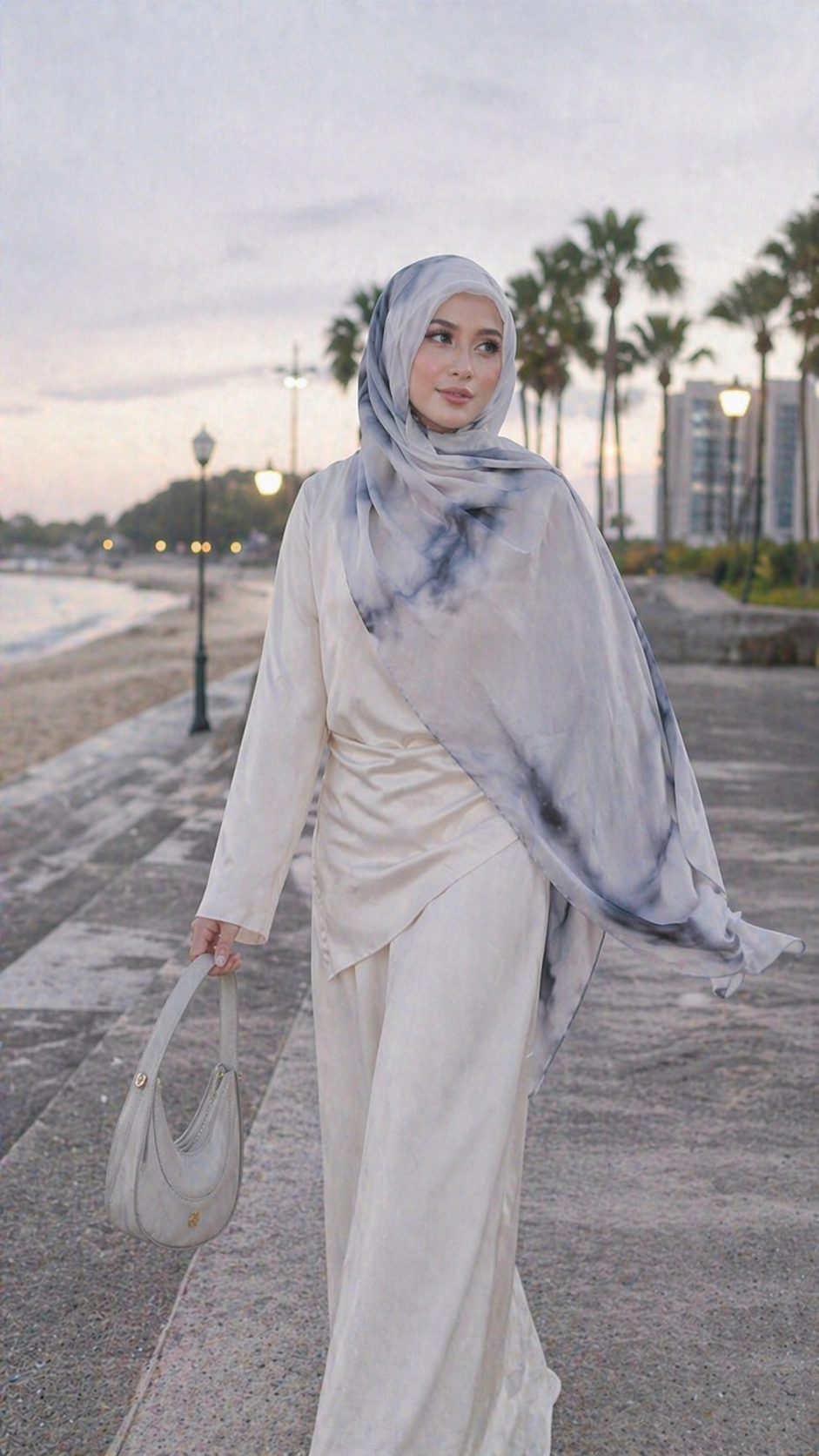 RY05 Watercolor Ink Wash Hijab Shawl – Misty Grey Blue Women's Head Scarf (80×180cm)
