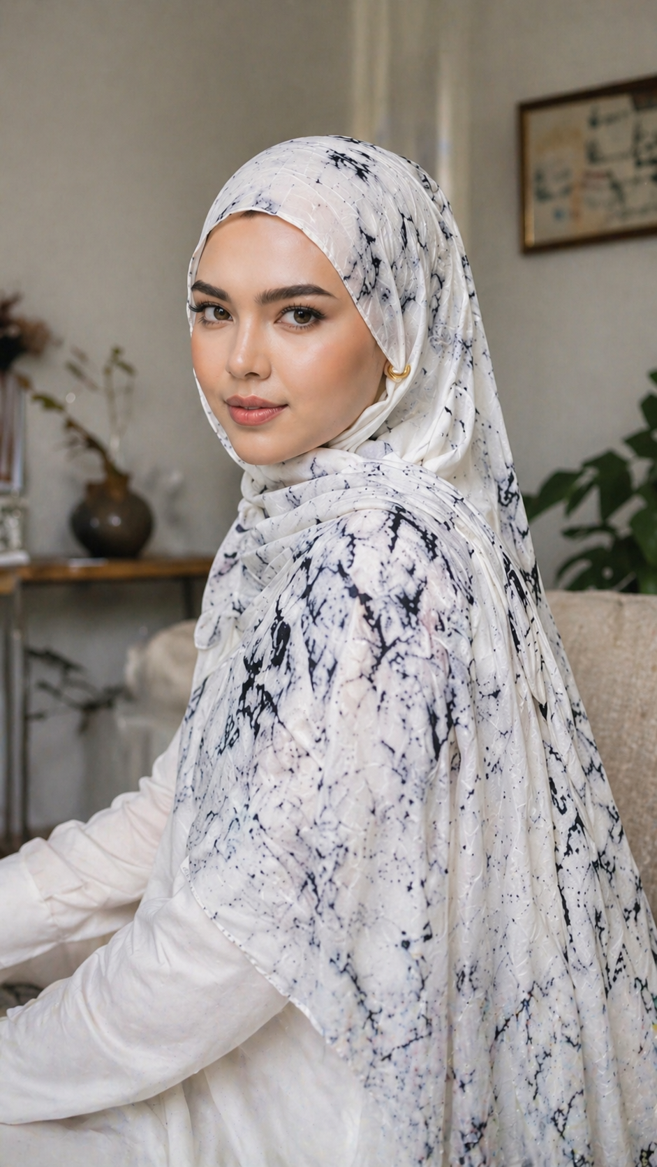RY07 Marble Print Hijab Shawl – White & Black Watercolor Women's Head Scarf (80×180cm)