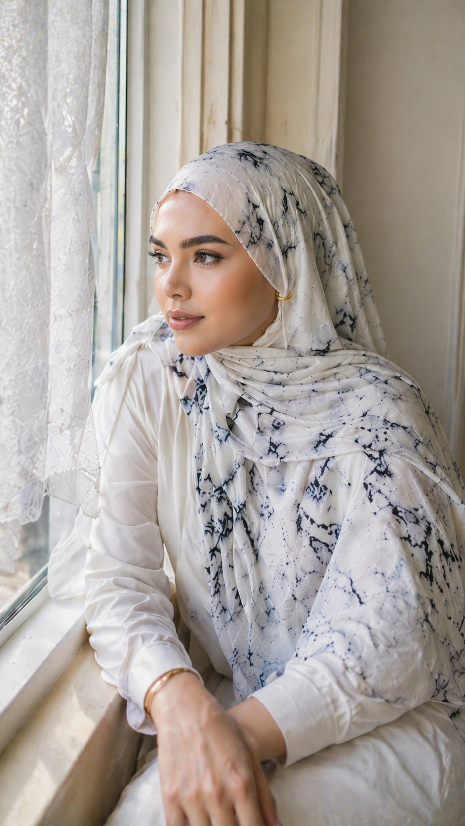 RY07 Marble Print Hijab Shawl – White & Black Watercolor Women's Head Scarf (80×180cm)