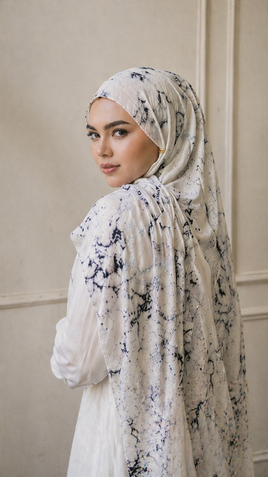 RY07 Marble Print Hijab Shawl – White & Black Watercolor Women's Head Scarf (80×180cm)