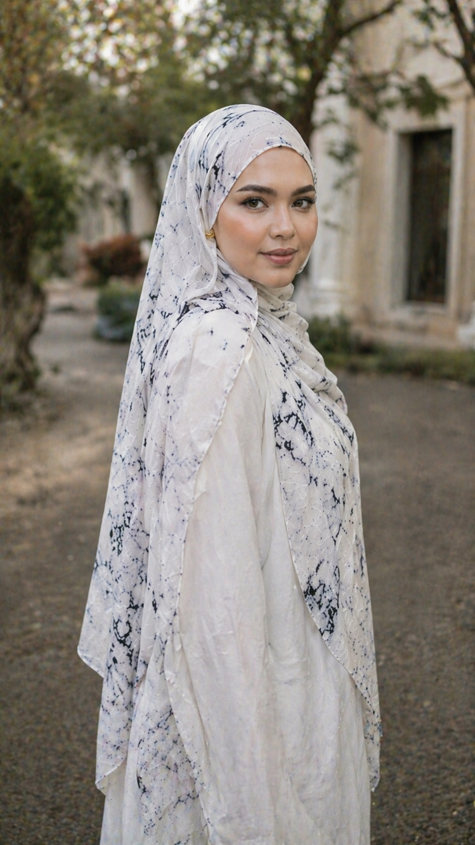 RY07 Marble Print Hijab Shawl – White & Black Watercolor Women's Head Scarf (80×180cm)