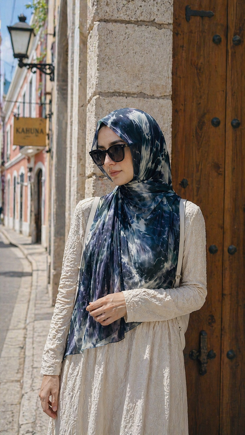 RY09 Deep Blue Marble Ink Wash Hijab Shawl – Watercolor Women's Head Scarf (80×180cm)