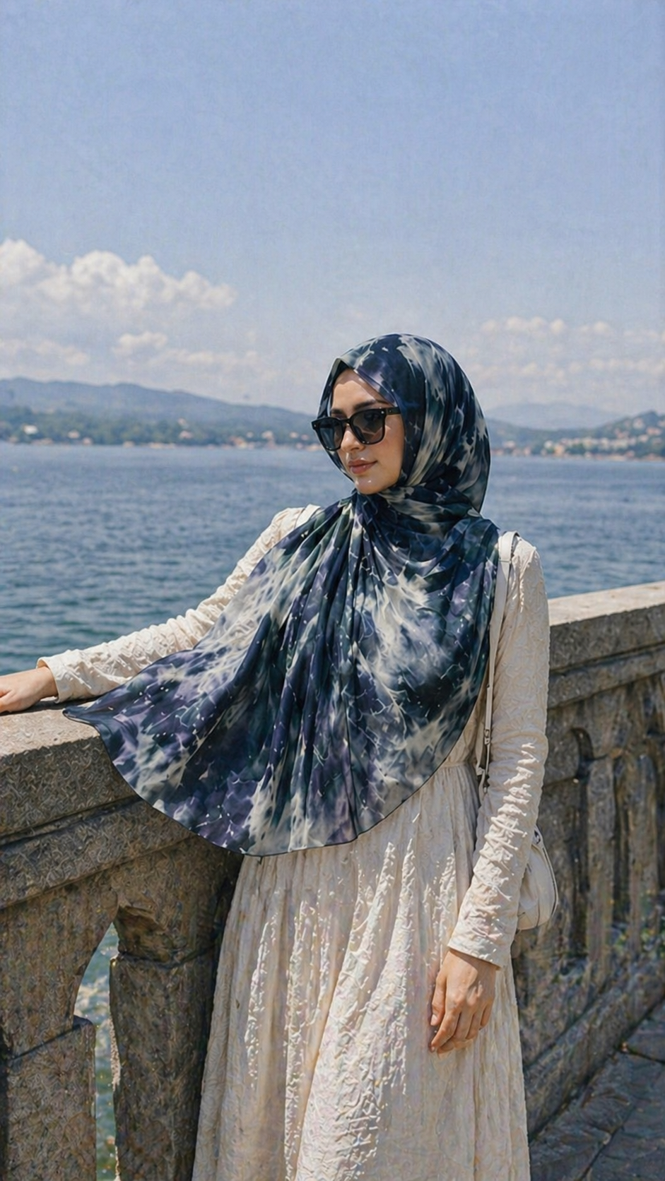 RY09 Deep Blue Marble Ink Wash Hijab Shawl – Watercolor Women's Head Scarf (80×180cm)