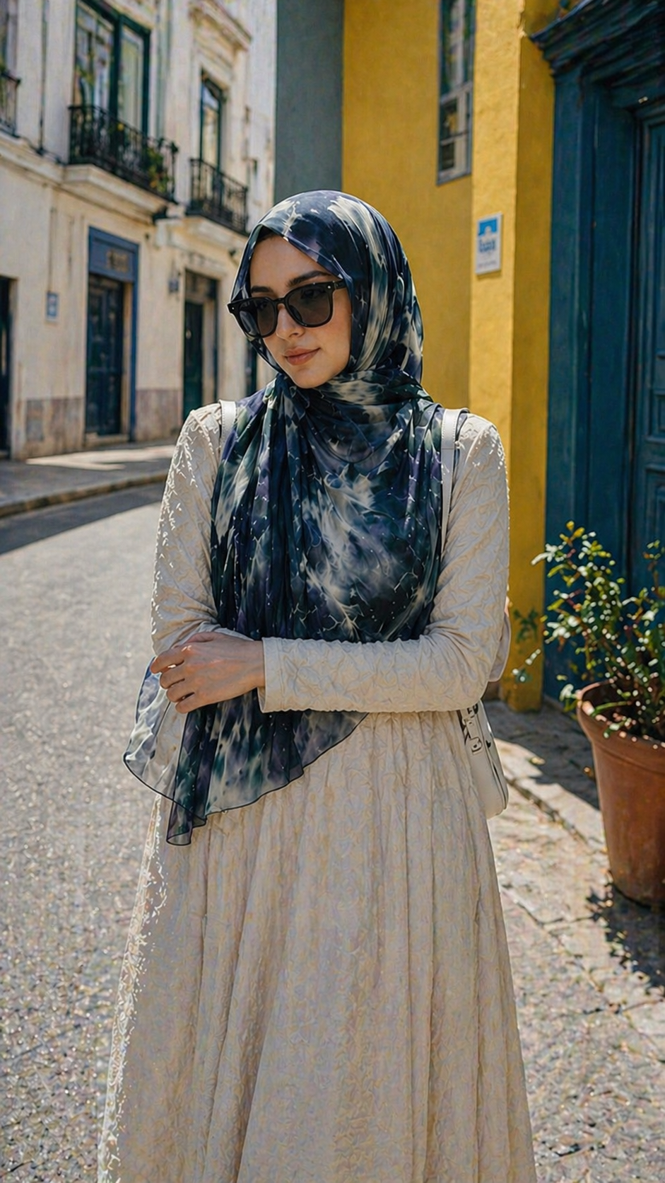 RY09 Deep Blue Marble Ink Wash Hijab Shawl – Watercolor Women's Head Scarf (80×180cm)