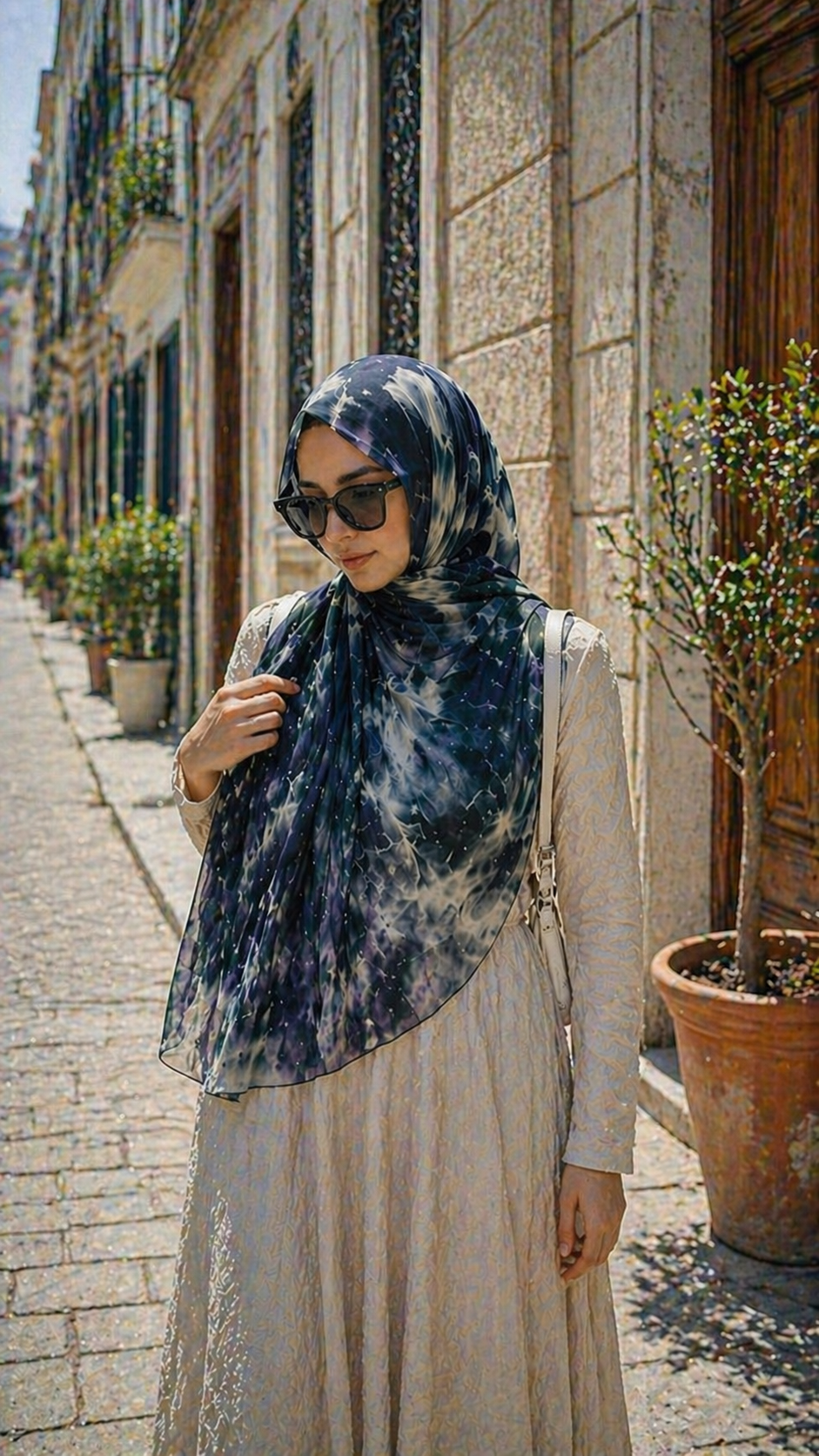 RY09 Deep Blue Marble Ink Wash Hijab Shawl – Watercolor Women's Head Scarf (80×180cm)