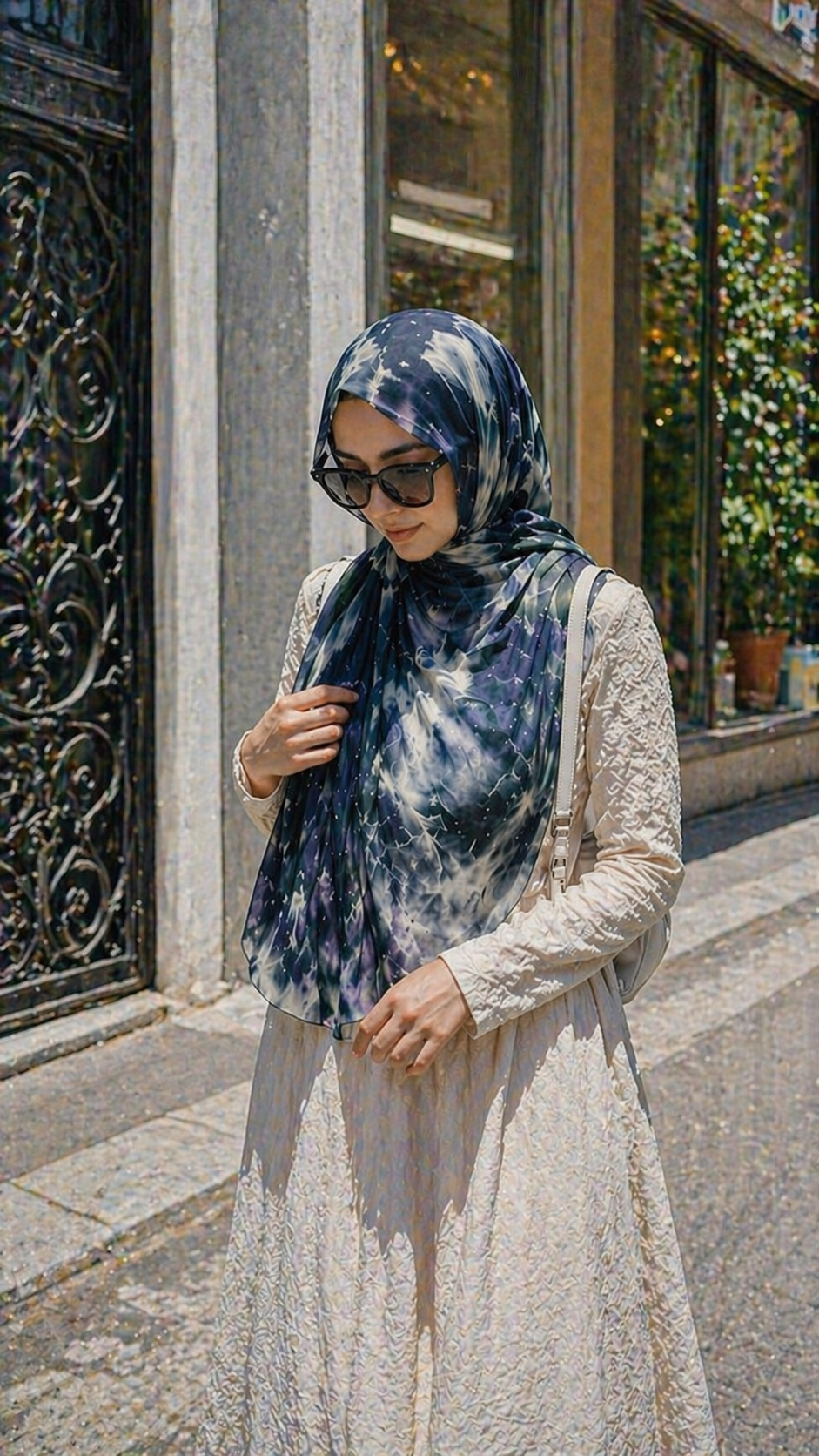 RY09 Deep Blue Marble Ink Wash Hijab Shawl – Watercolor Women's Head Scarf (80×180cm)