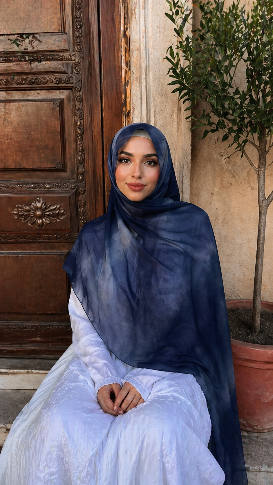 RY12 Navy Blue Abstract Watercolor Hijab Shawl – Sheer Ink Circle Print Women's Head Scarf (80×180cm)