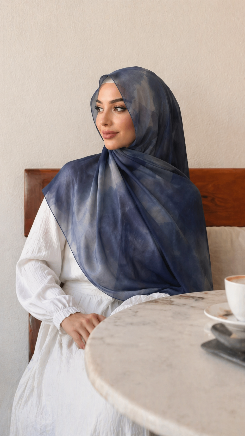 RY12 Navy Blue Abstract Watercolor Hijab Shawl – Sheer Ink Circle Print Women's Head Scarf (80×180cm)
