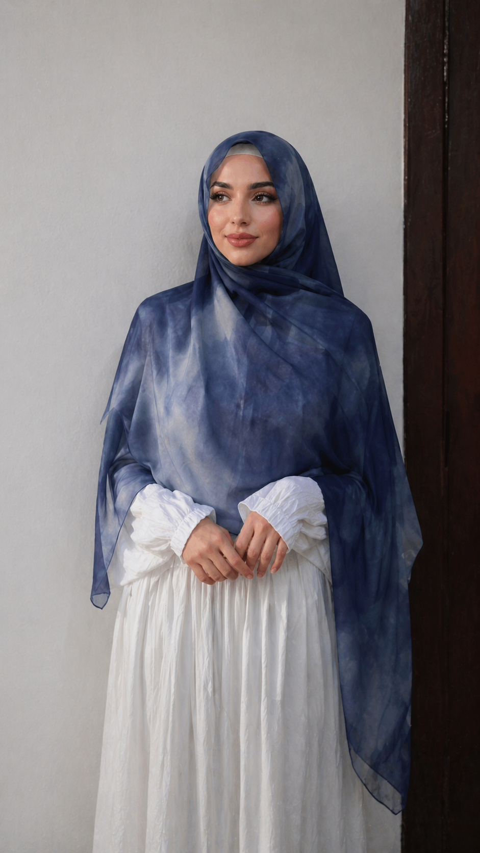 RY12 Navy Blue Abstract Watercolor Hijab Shawl – Sheer Ink Circle Print Women's Head Scarf (80×180cm)
