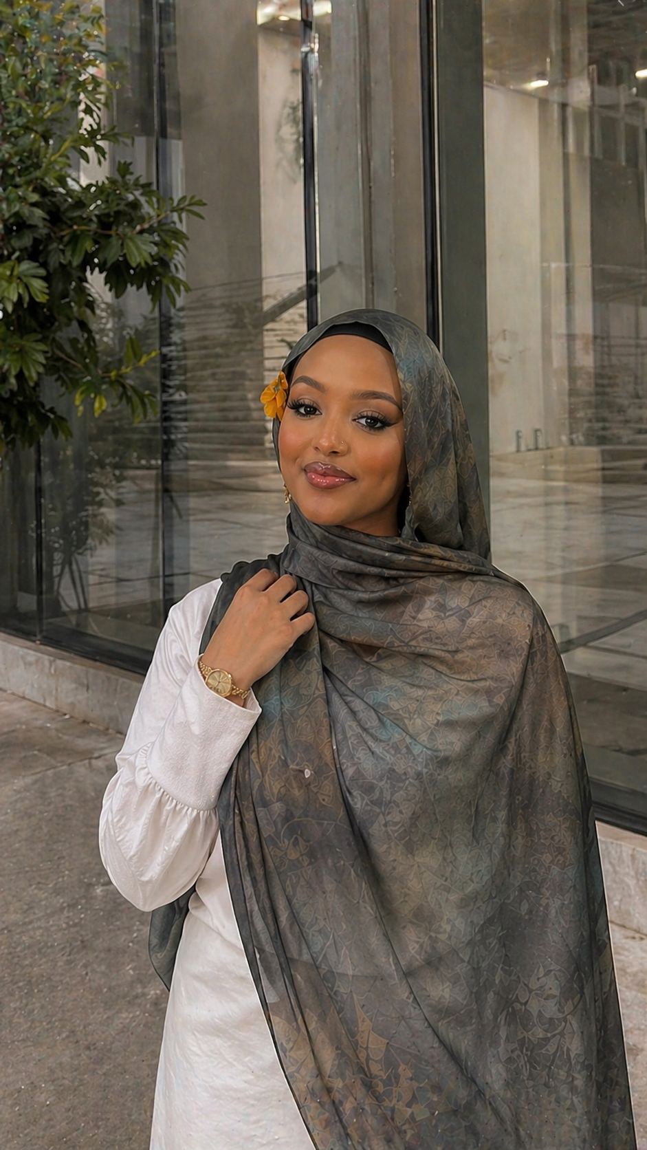 RY13 Sage Green Jacquard Floral Hijab Shawl – Watercolor Tonal Women's Head Scarf (80×180cm)