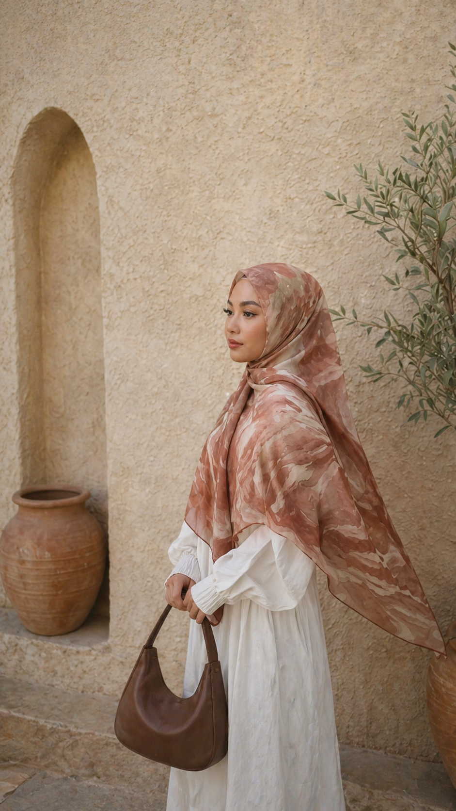 RY17 Terracotta Watercolor Flow Hijab Shawl – Rust Brown & Ivory Women's Head Scarf (80×180cm)