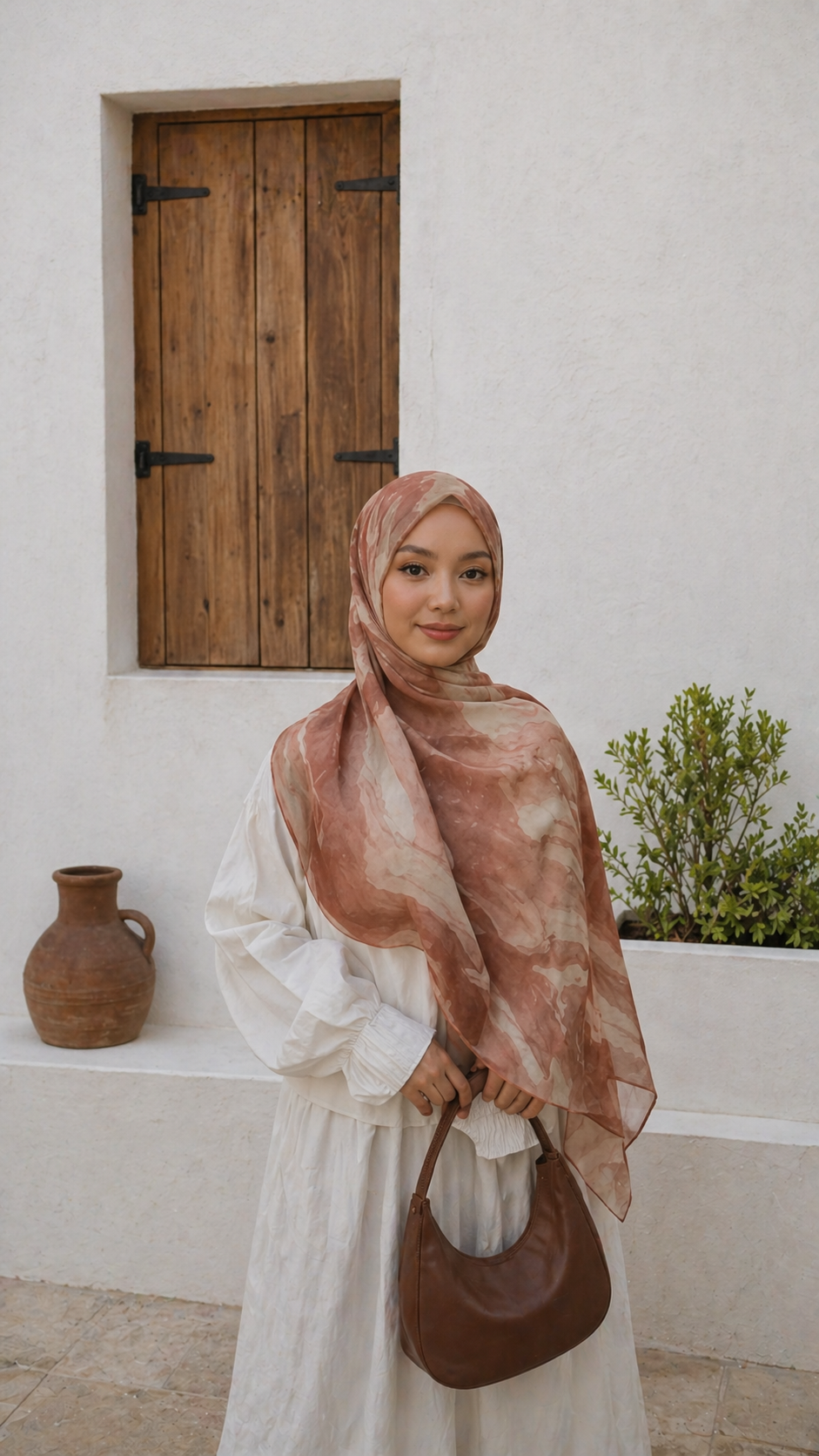 RY17 Terracotta Watercolor Flow Hijab Shawl – Rust Brown & Ivory Women's Head Scarf (80×180cm)