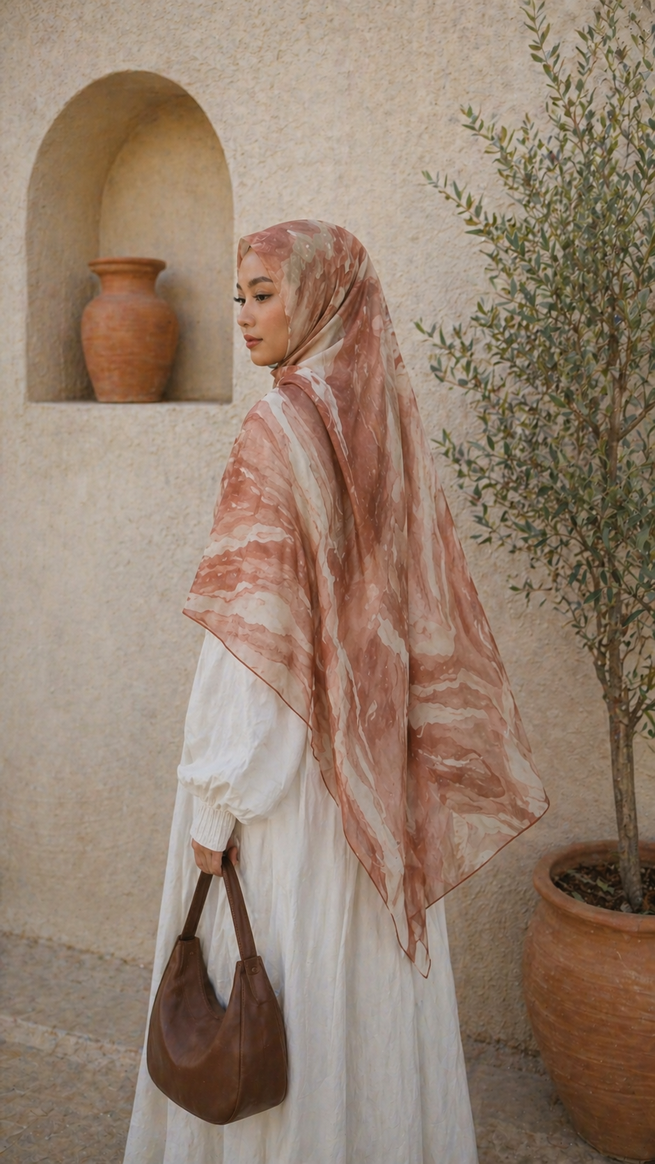 RY17 Terracotta Watercolor Flow Hijab Shawl – Rust Brown & Ivory Women's Head Scarf (80×180cm)