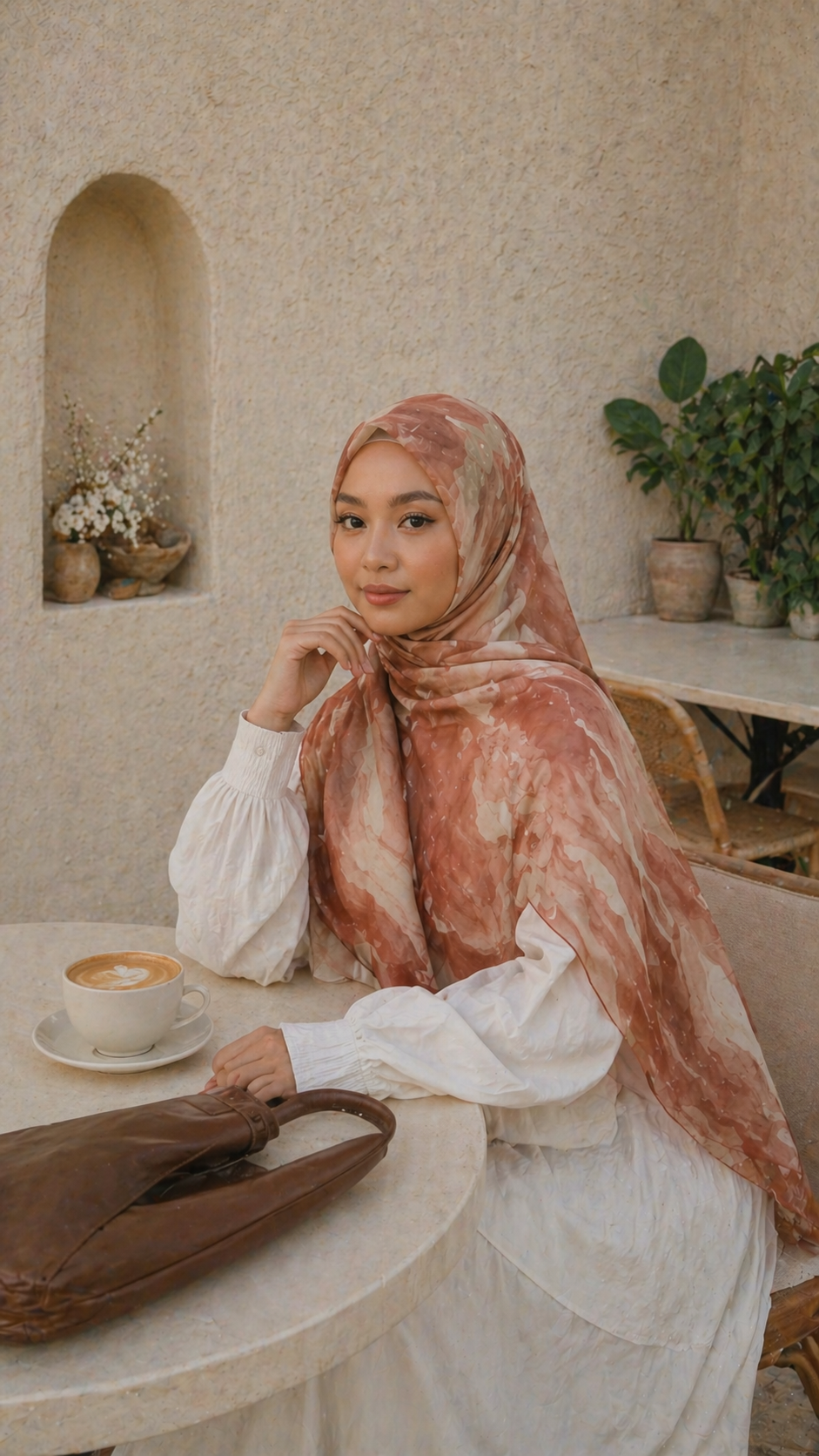 RY17 Terracotta Watercolor Flow Hijab Shawl – Rust Brown & Ivory Women's Head Scarf (80×180cm)