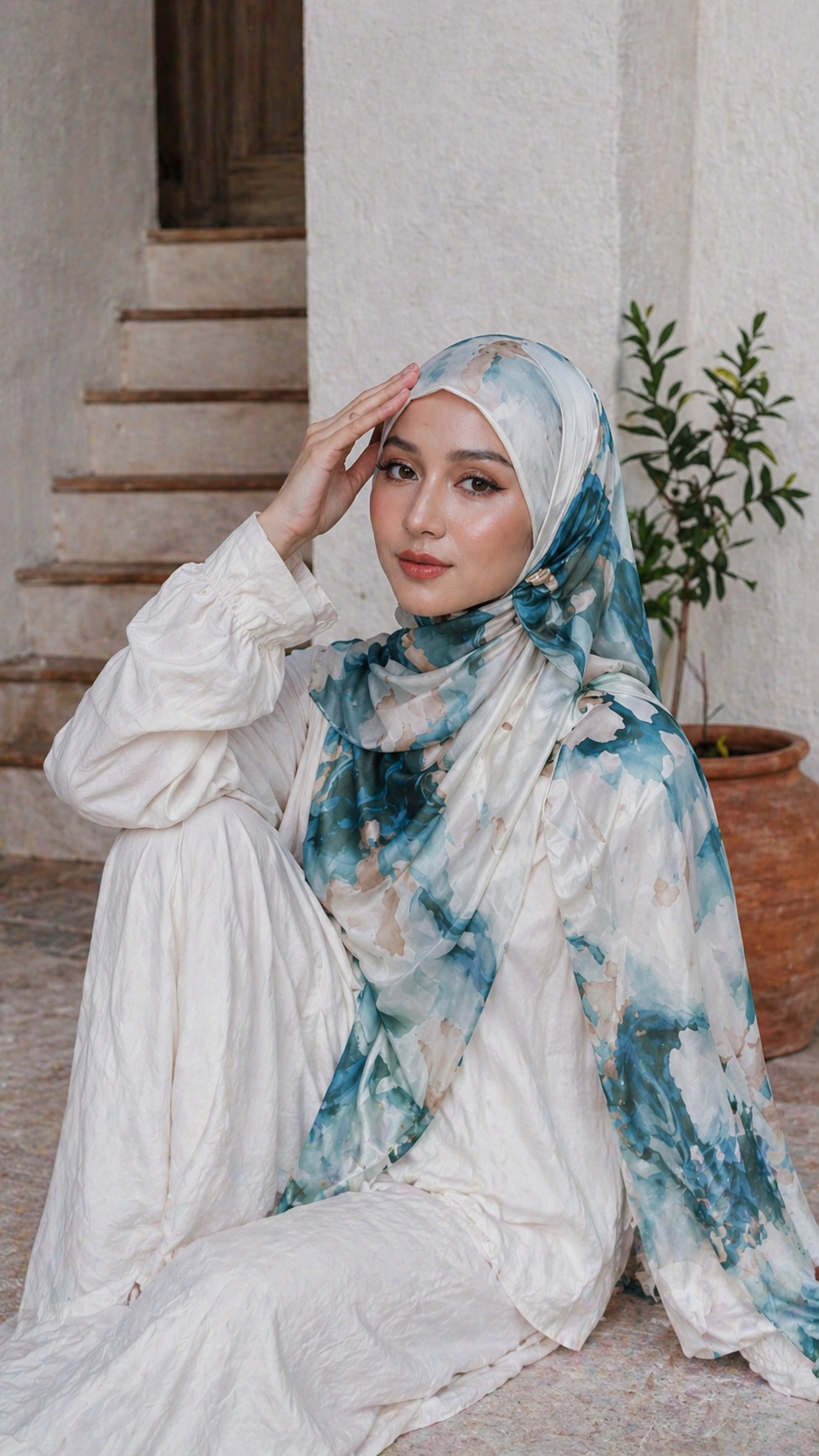 RY18 Teal Blue Marble Cloud Hijab Shawl – Ocean Watercolor Women's Head Scarf (80×180cm)