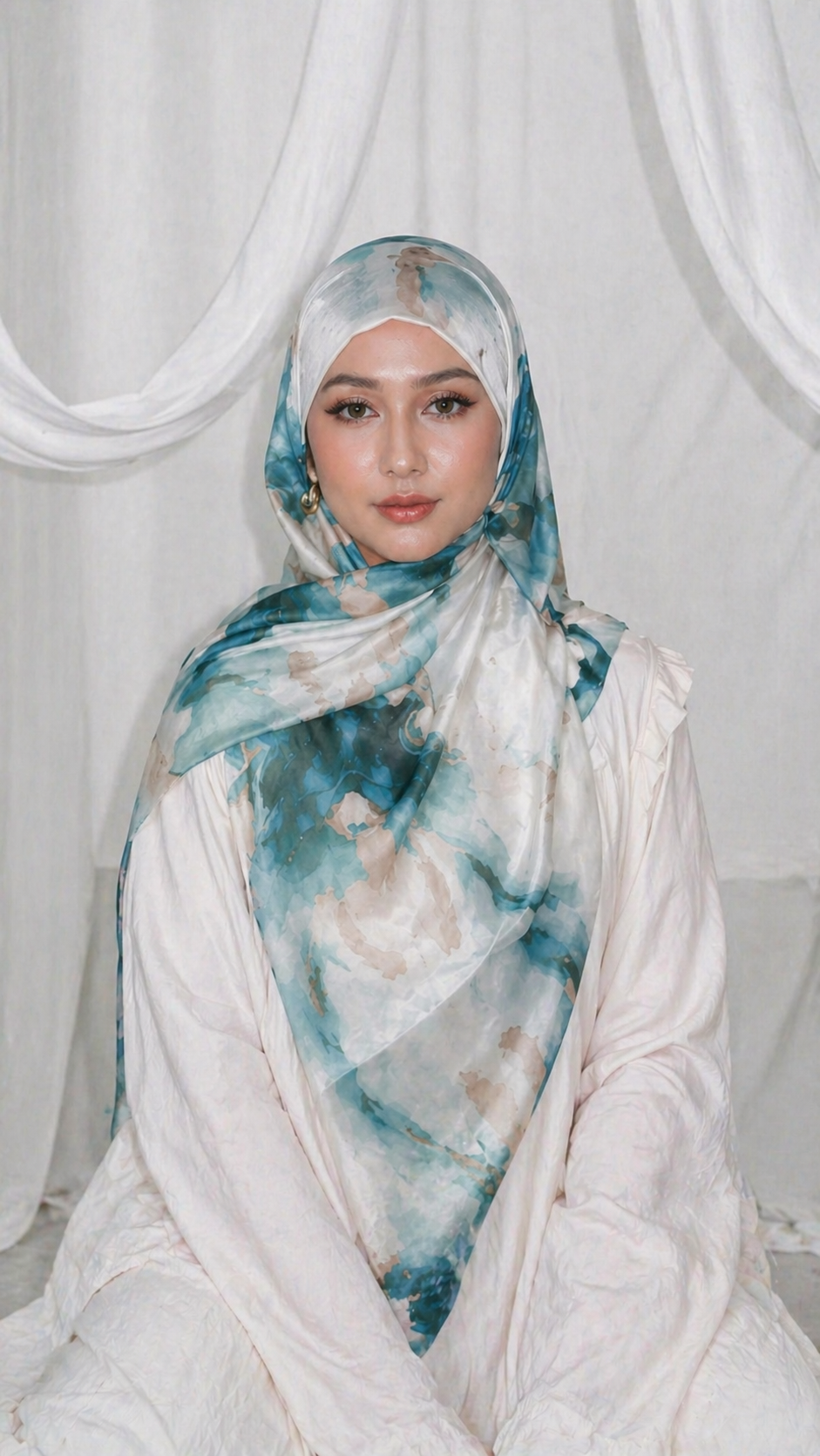 RY18 Teal Blue Marble Cloud Hijab Shawl – Ocean Watercolor Women's Head Scarf (80×180cm)