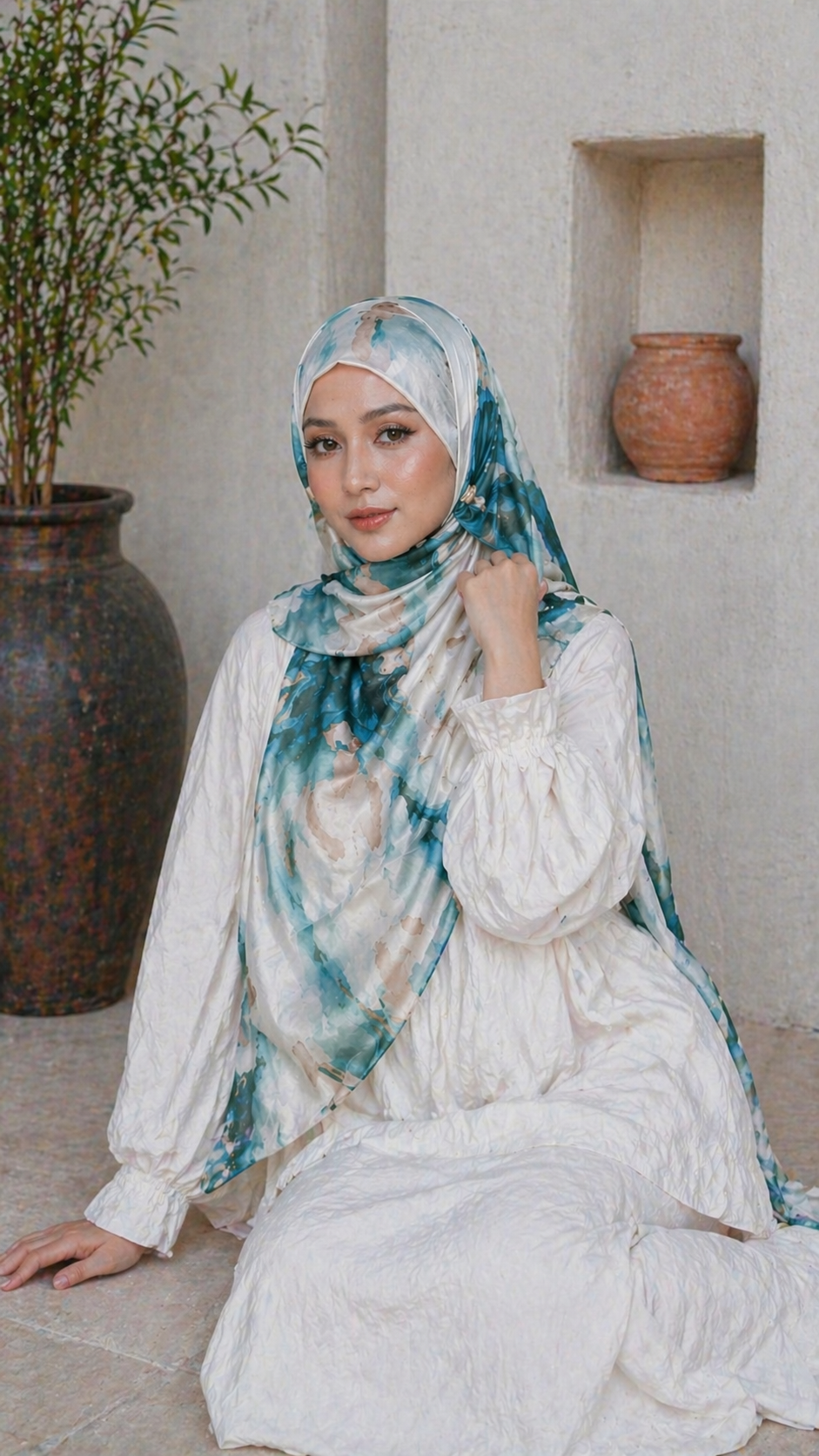 RY18 Teal Blue Marble Cloud Hijab Shawl – Ocean Watercolor Women's Head Scarf (80×180cm)