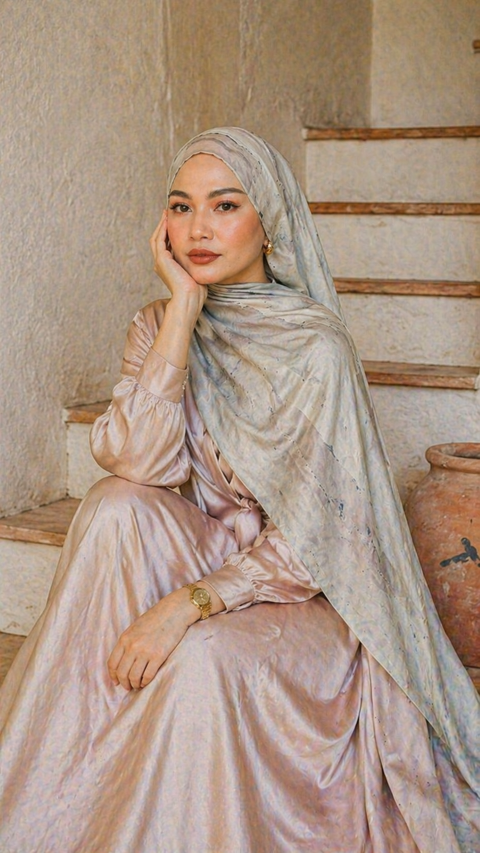 RY19 Silver Grey Blue Abstract Brushstroke Hijab Shawl – Ink Sketch Watercolor Women's Head Scarf (80×180cm)