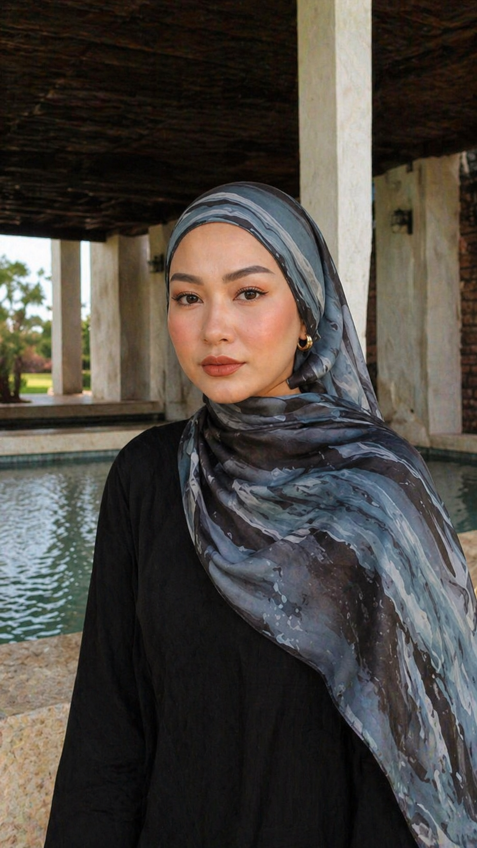 RY20 Stormy Blue Grey Marble Flow Hijab Shawl – Steel & Charcoal Watercolor Women's Head Scarf (80×180cm)