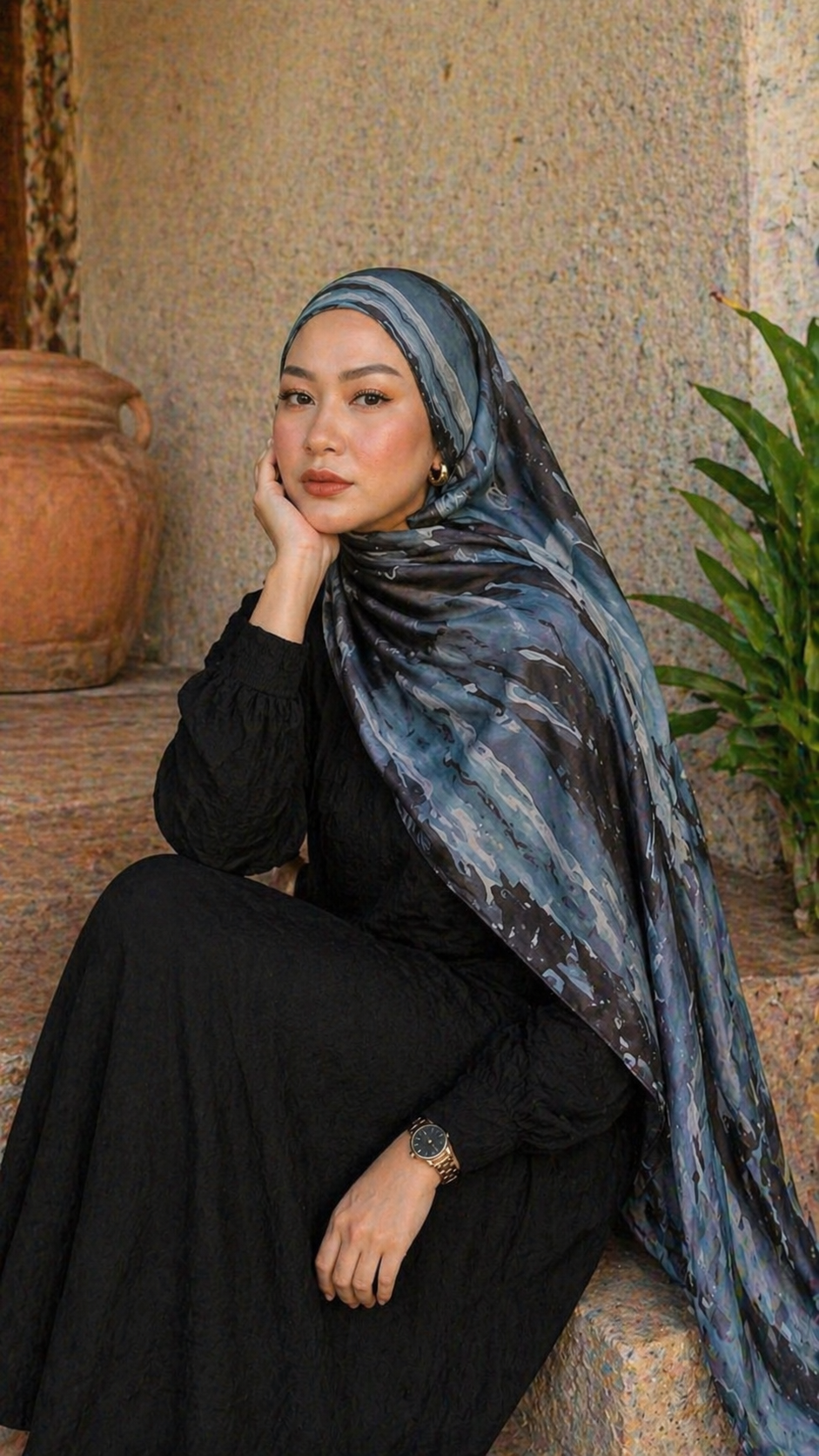 RY20 Stormy Blue Grey Marble Flow Hijab Shawl – Steel & Charcoal Watercolor Women's Head Scarf (80×180cm)