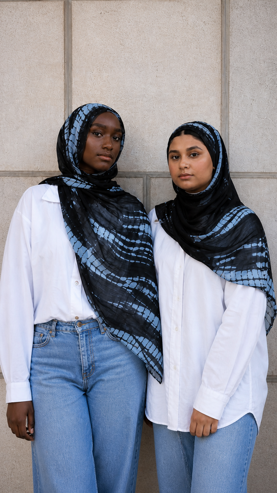 RY22 Black Shibori Grid Tie-Dye Hijab Shawl – Blue Grey Batik Women's Head Scarf (80×180cm)