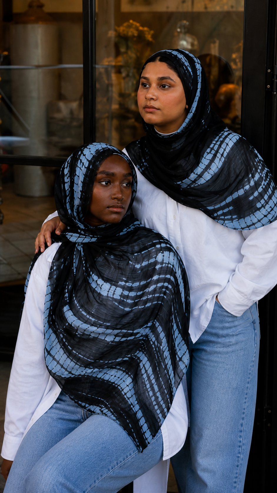 RY22 Black Shibori Grid Tie-Dye Hijab Shawl – Blue Grey Batik Women's Head Scarf (80×180cm)