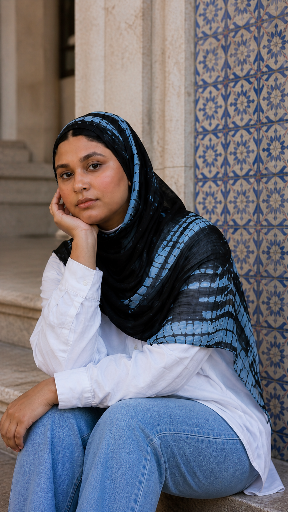 RY22 Black Shibori Grid Tie-Dye Hijab Shawl – Blue Grey Batik Women's Head Scarf (80×180cm)