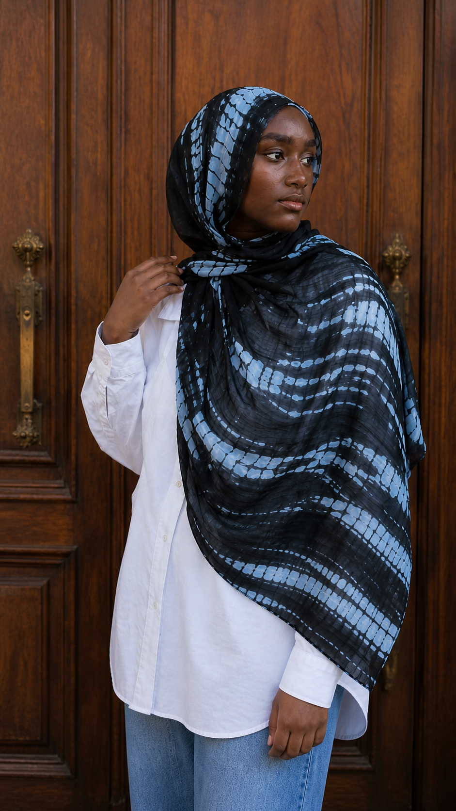 RY22 Black Shibori Grid Tie-Dye Hijab Shawl – Blue Grey Batik Women's Head Scarf (80×180cm)