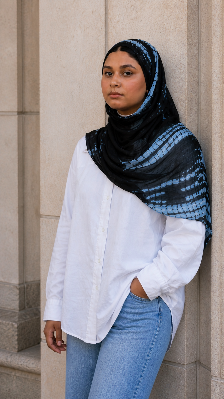 RY22 Black Shibori Grid Tie-Dye Hijab Shawl – Blue Grey Batik Women's Head Scarf (80×180cm)