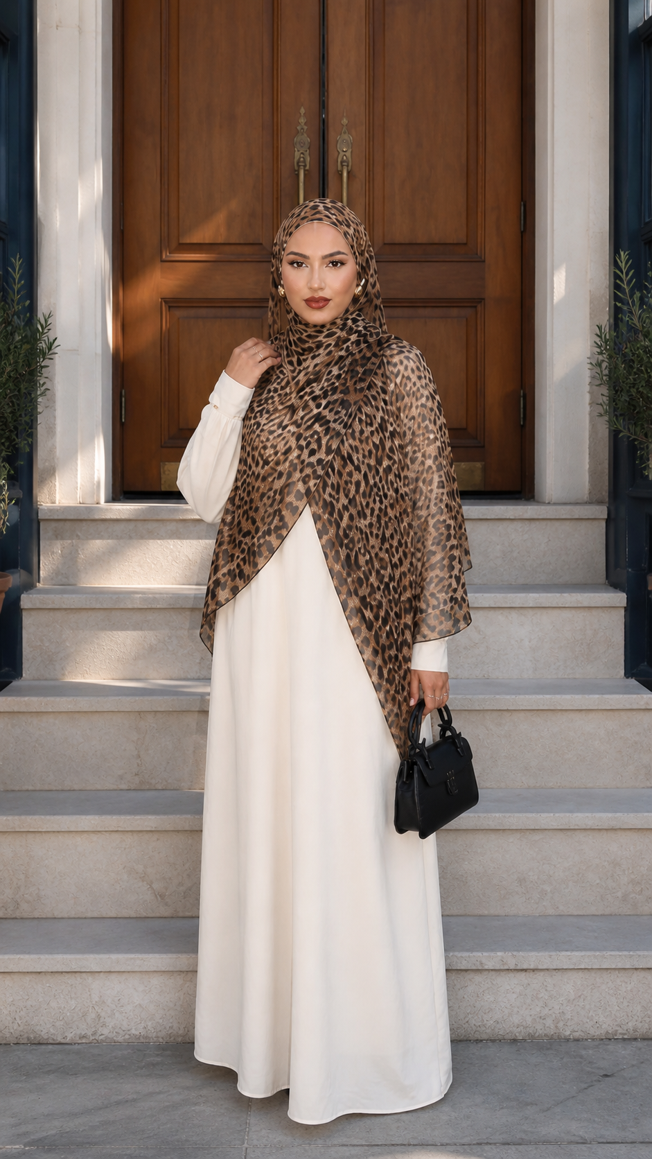RY23 Leopard Print Hijab Shawl – Caramel Brown & Black Animal Print Women's Head Scarf (80×180cm)