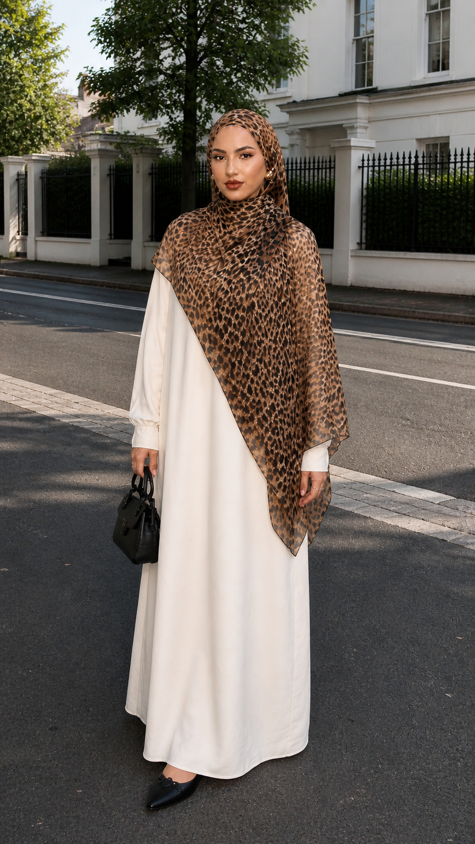RY23 Leopard Print Hijab Shawl – Caramel Brown & Black Animal Print Women's Head Scarf (80×180cm)