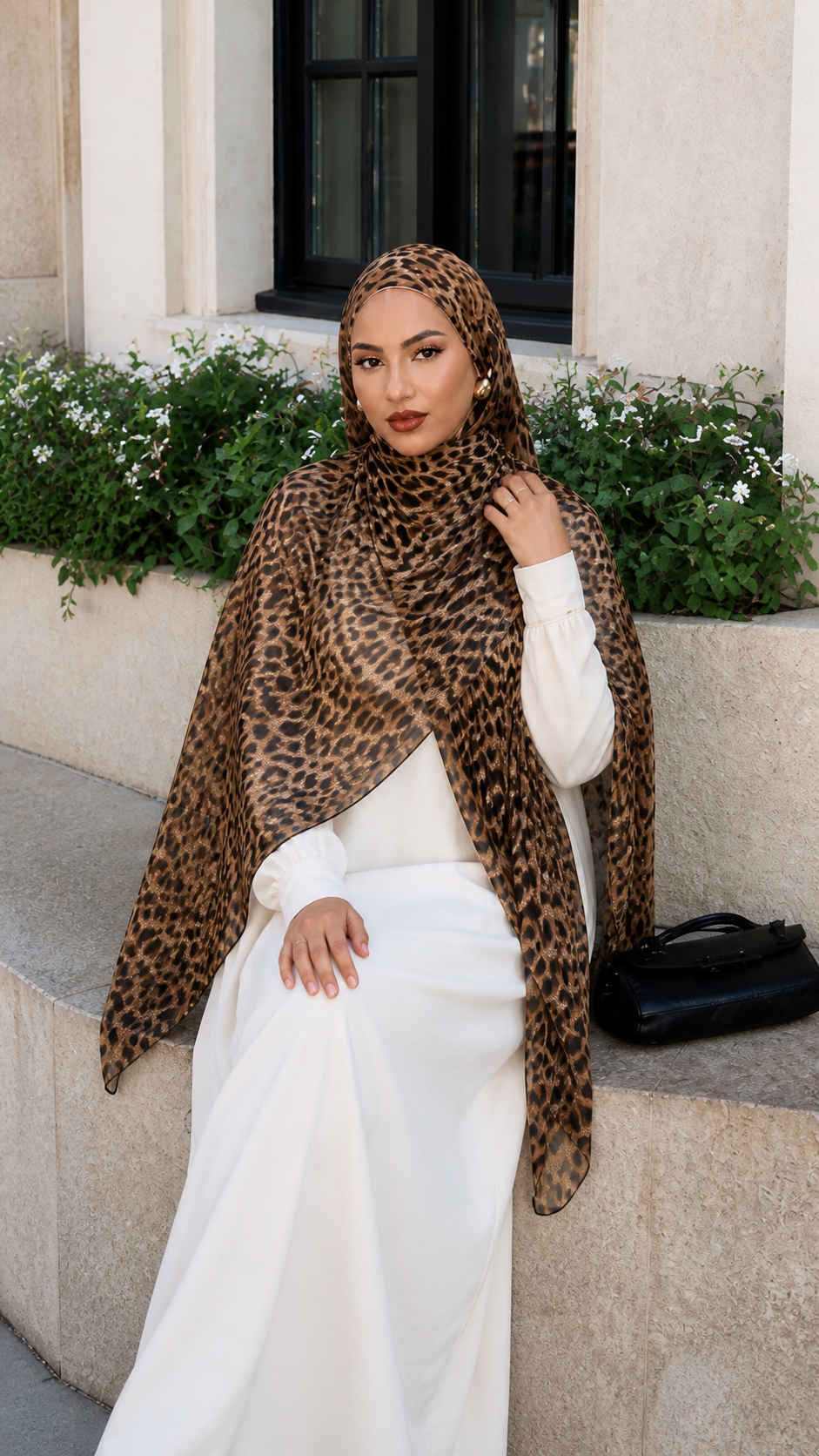 RY23 Leopard Print Hijab Shawl – Caramel Brown & Black Animal Print Women's Head Scarf (80×180cm)