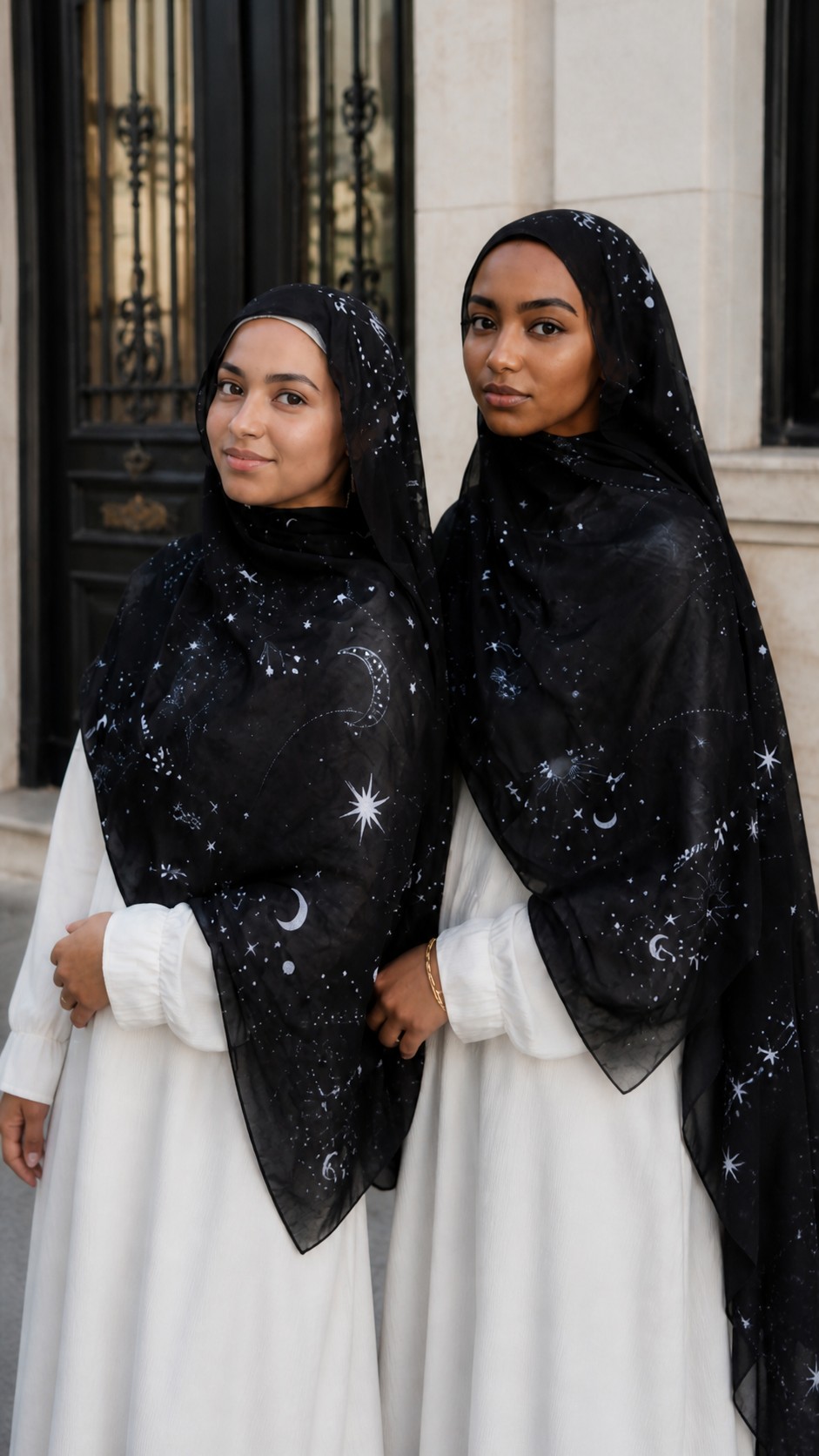 RY30 Black Celestial Star & Moon Hijab Shawl – Galaxy Print Women's Head Scarf (80×180cm)