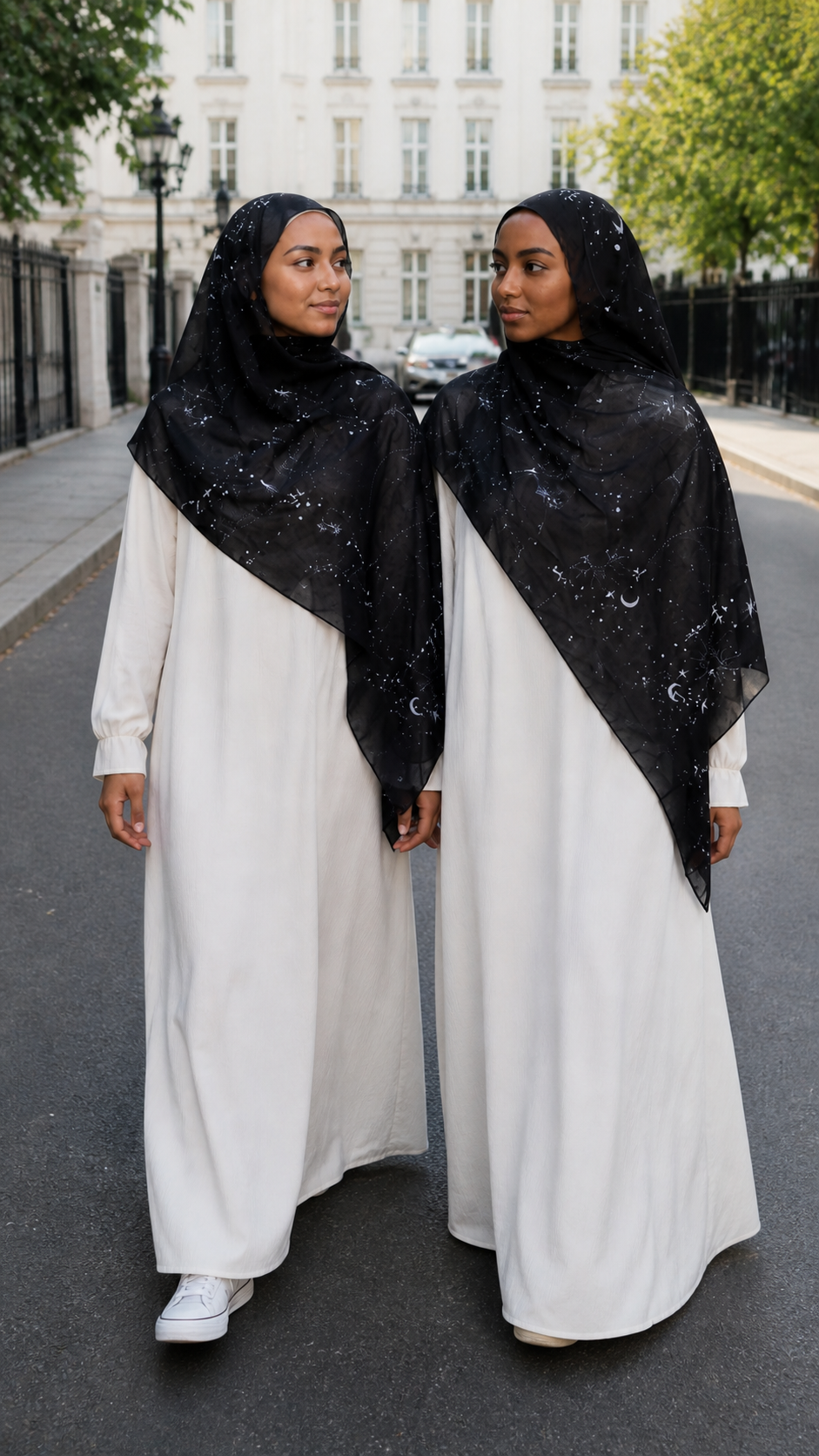 RY30 Black Celestial Star & Moon Hijab Shawl – Galaxy Print Women's Head Scarf (80×180cm)