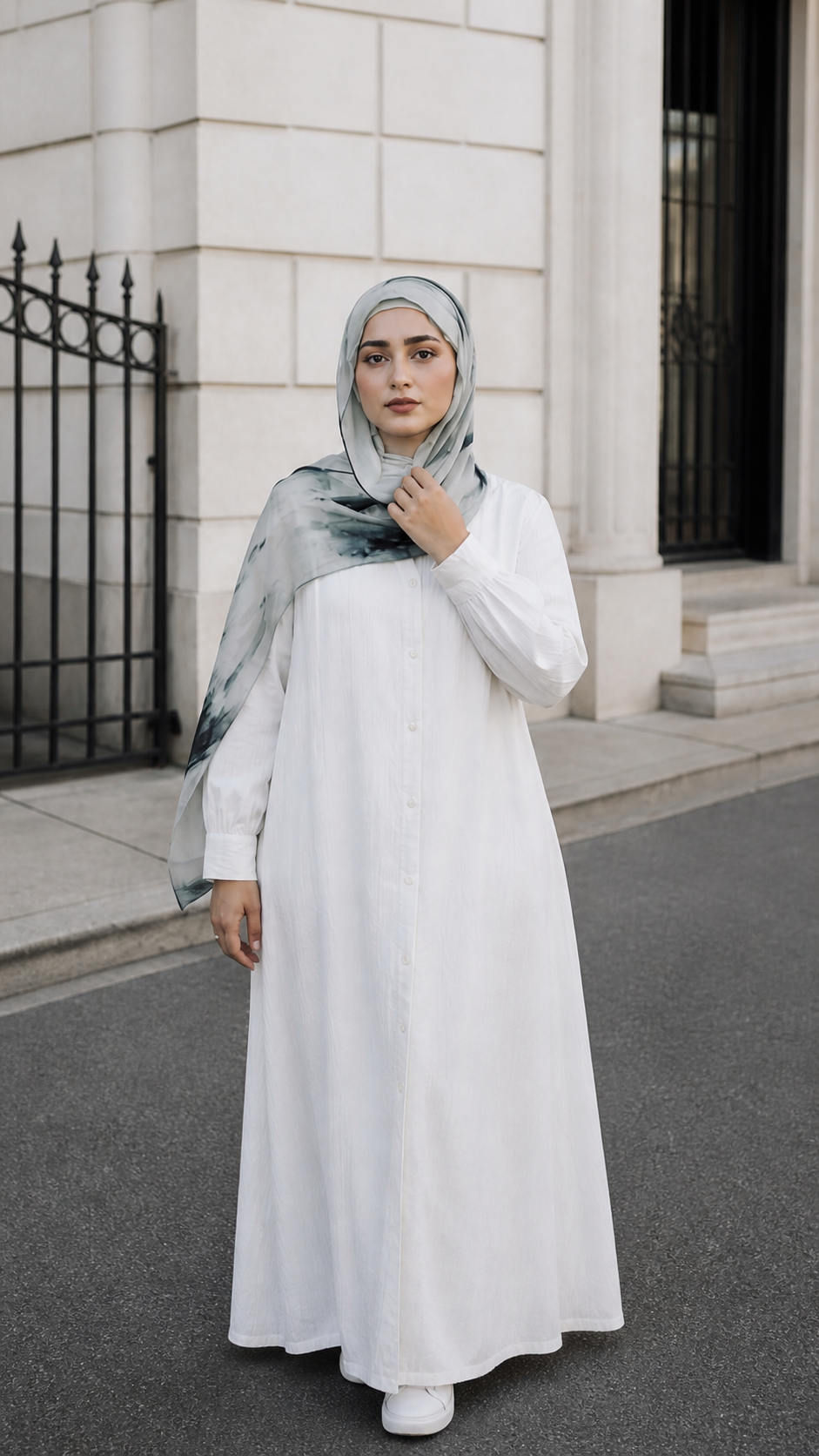 RY48 White Grey Ink Marble Hijab Shawl – Minimalist Watercolor Women's Head Scarf (80×180cm)