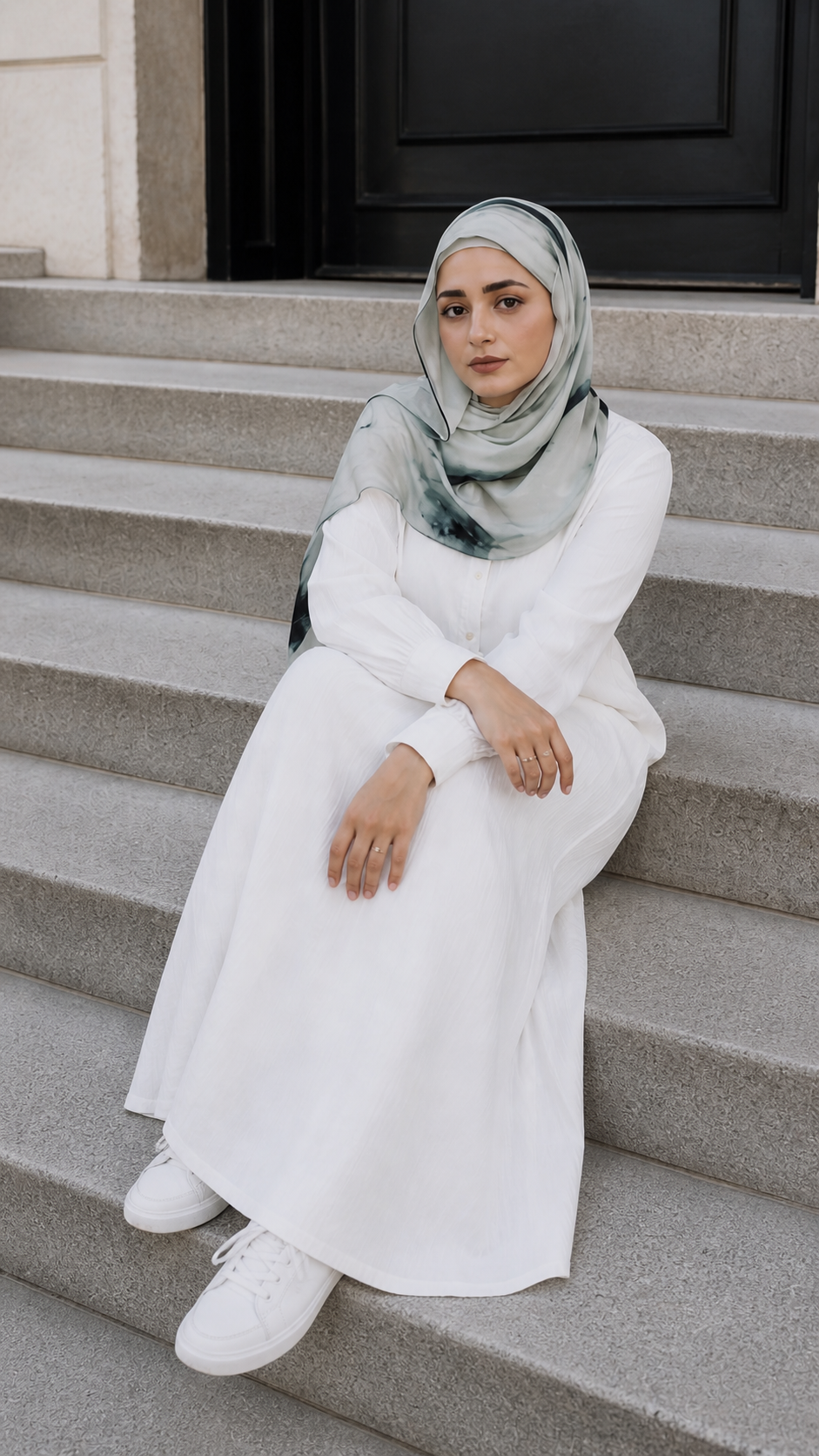 RY48 White Grey Ink Marble Hijab Shawl – Minimalist Watercolor Women's Head Scarf (80×180cm)