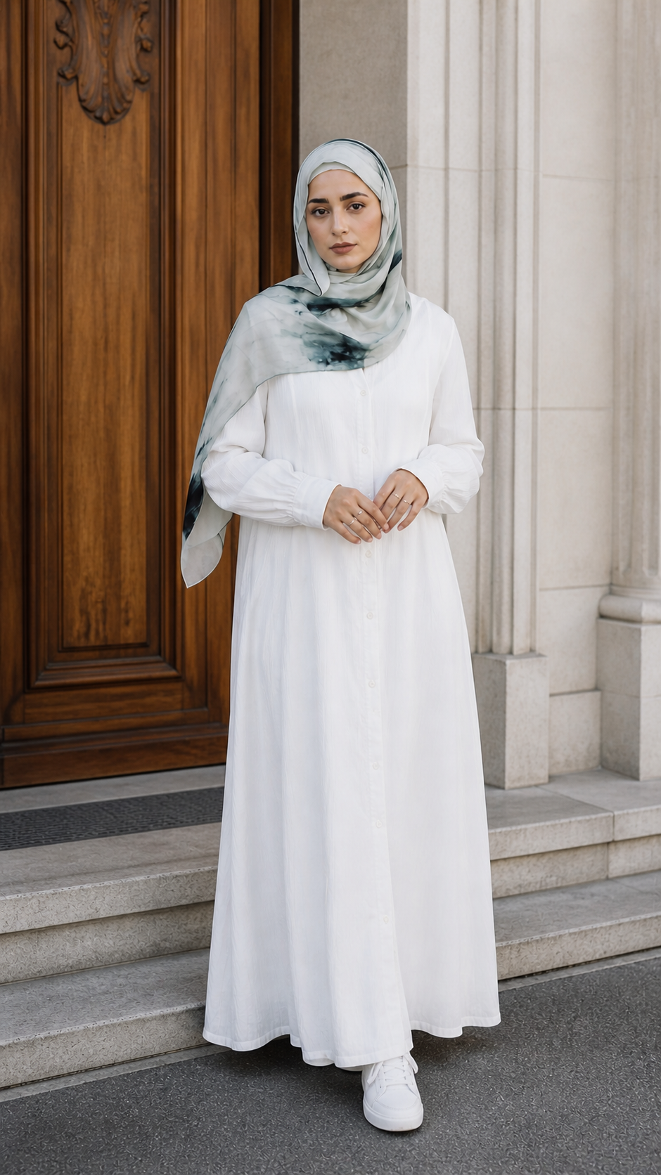 RY48 White Grey Ink Marble Hijab Shawl – Minimalist Watercolor Women's Head Scarf (80×180cm)