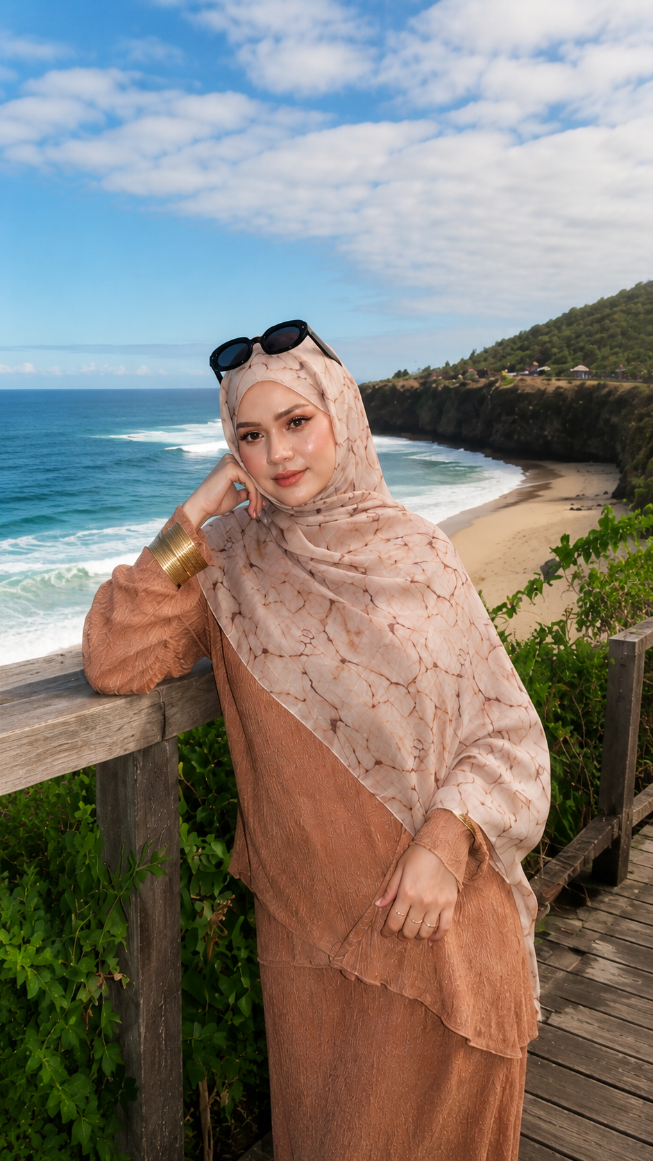 RY33 Nude Beige Floral Sketch Hijab Shawl – Botanical Line Art Women's Head Scarf (80×180cm)