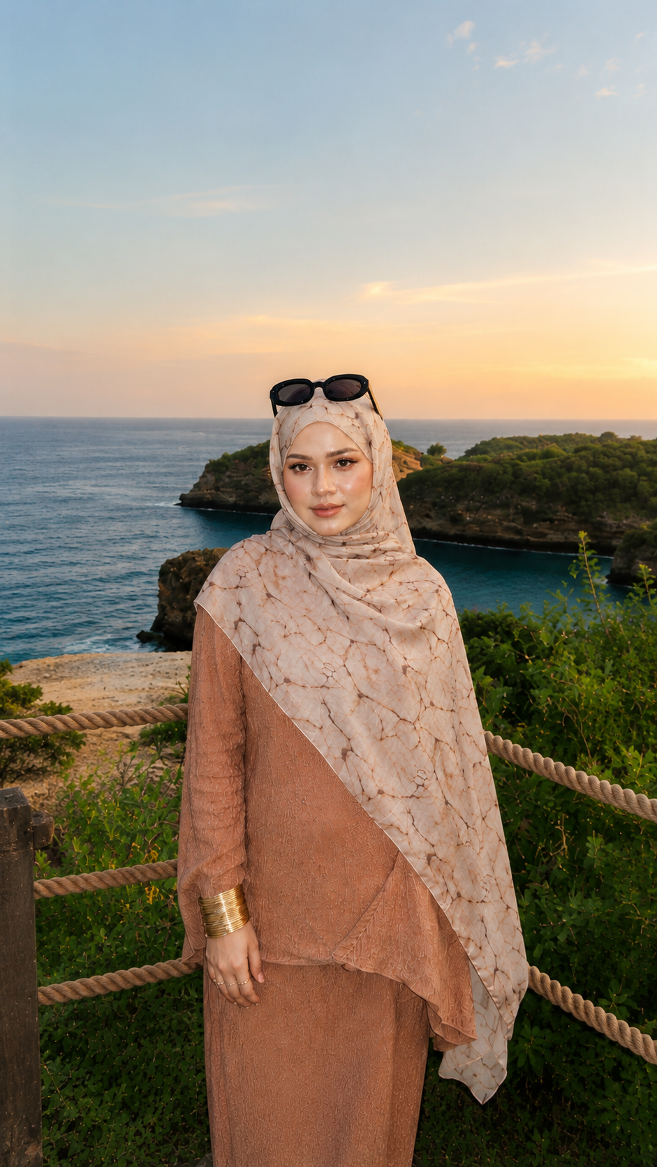 RY33 Nude Beige Floral Sketch Hijab Shawl – Botanical Line Art Women's Head Scarf (80×180cm)